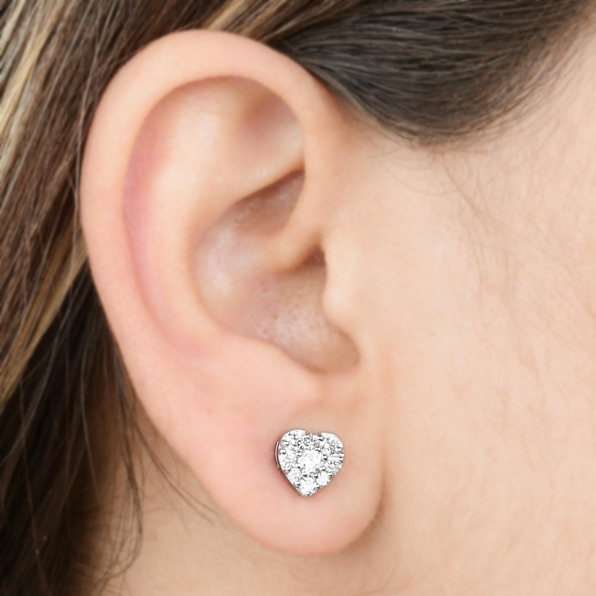 Round Cut 0.85 Carat Diamond Pave Heart Shape Stud Earrings Solid 10k White Gold Jewelry For Sale