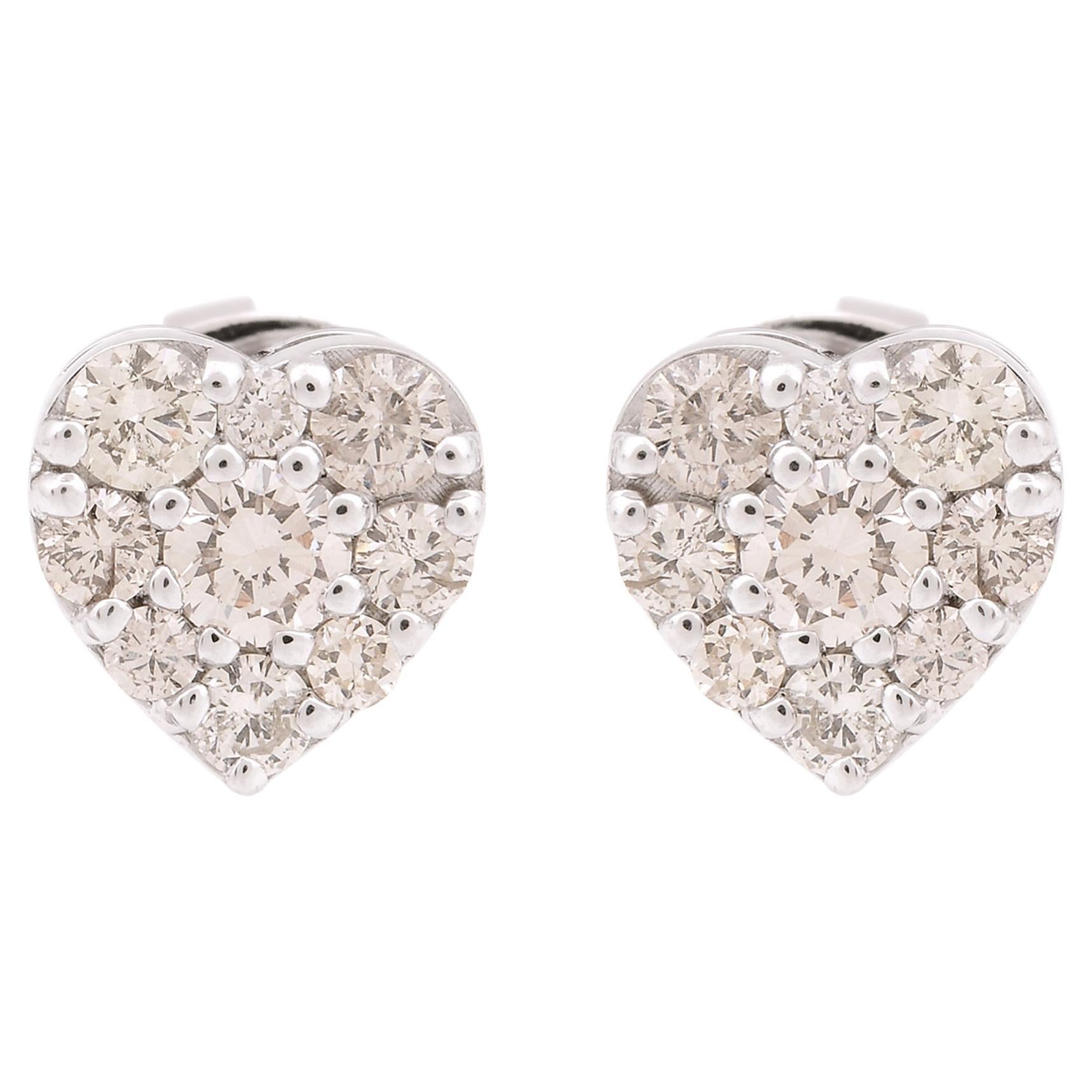 0.85 Carat Diamond Pave Heart Shape Stud Earrings Solid 10k White Gold Jewelry
