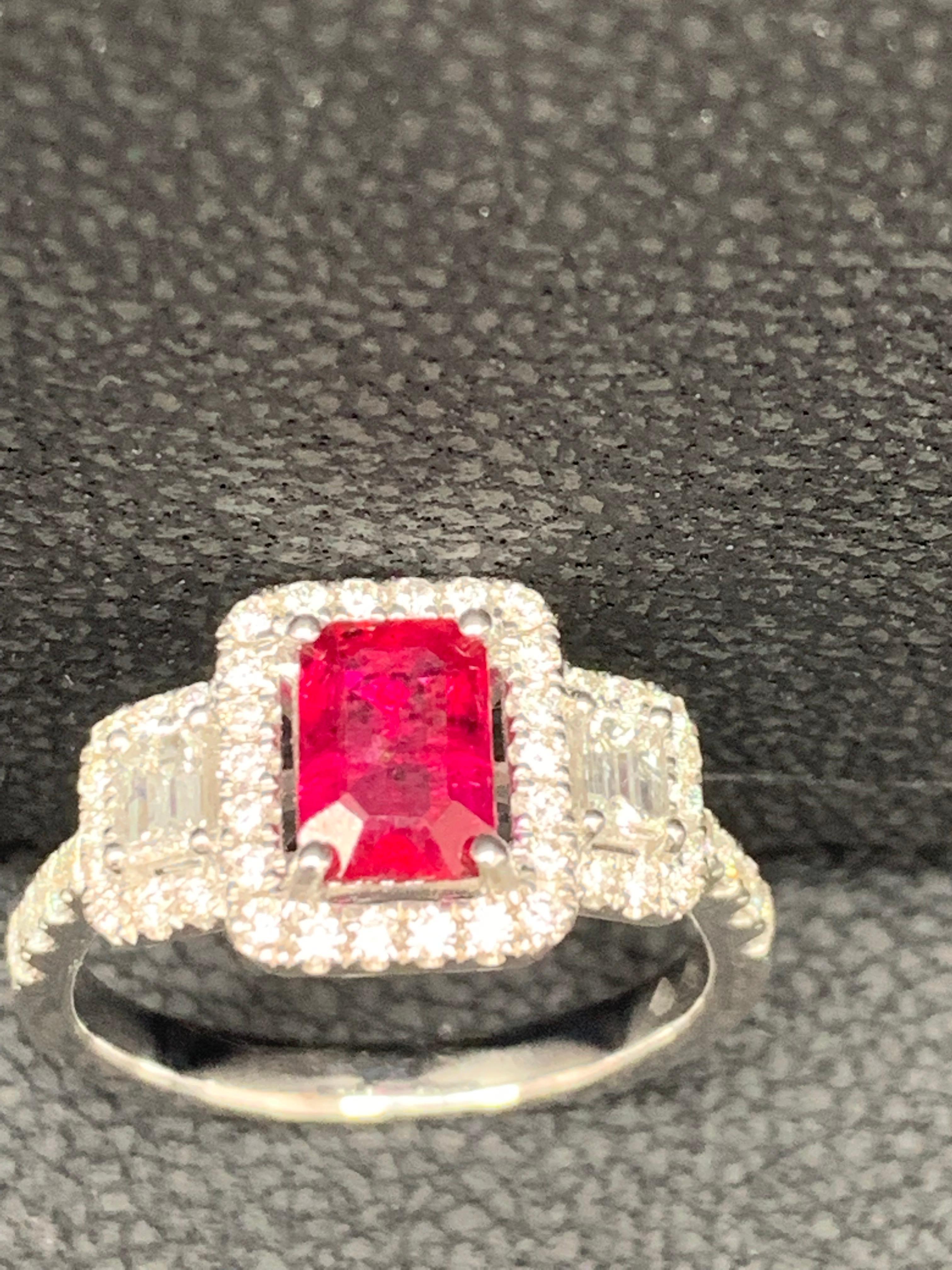 0.85 Carat Emerald Cut Ruby Diamond Engagement Ring in 18K White Gold For Sale 5