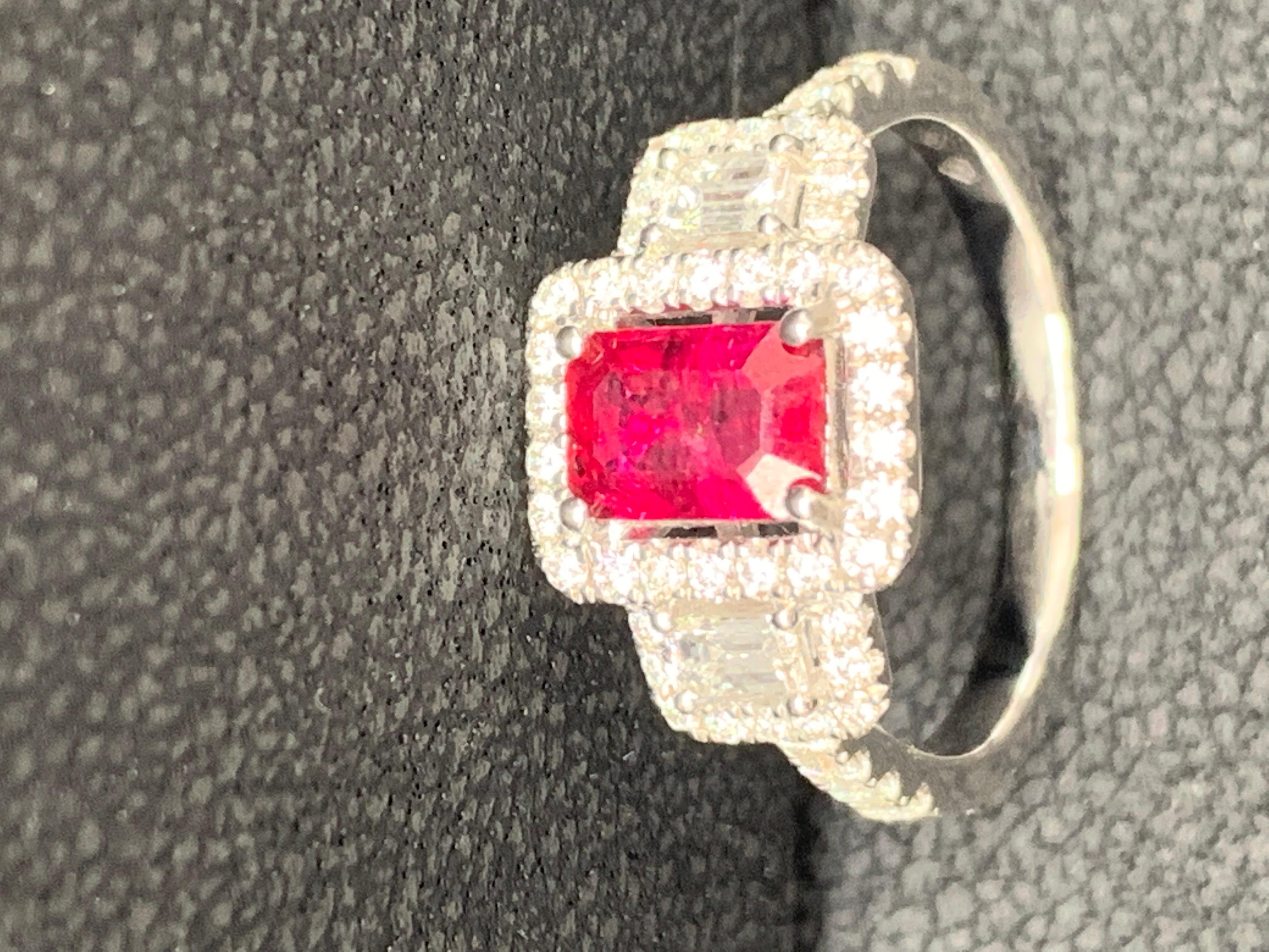 0.85 Carat Emerald Cut Ruby Diamond Engagement Ring in 18K White Gold For Sale 6