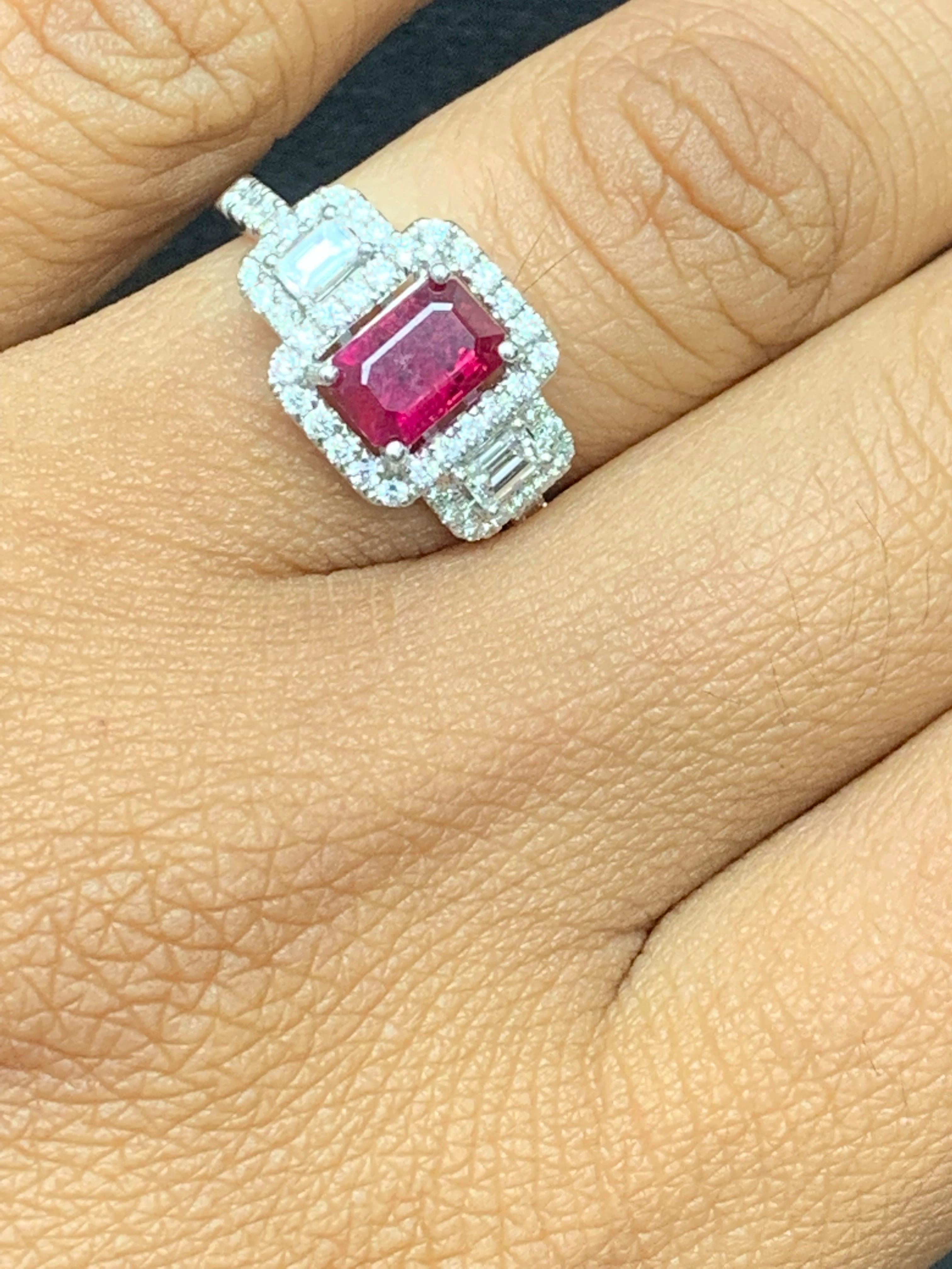 0.85 Carat Emerald Cut Ruby Diamond Engagement Ring in 18K White Gold For Sale 7