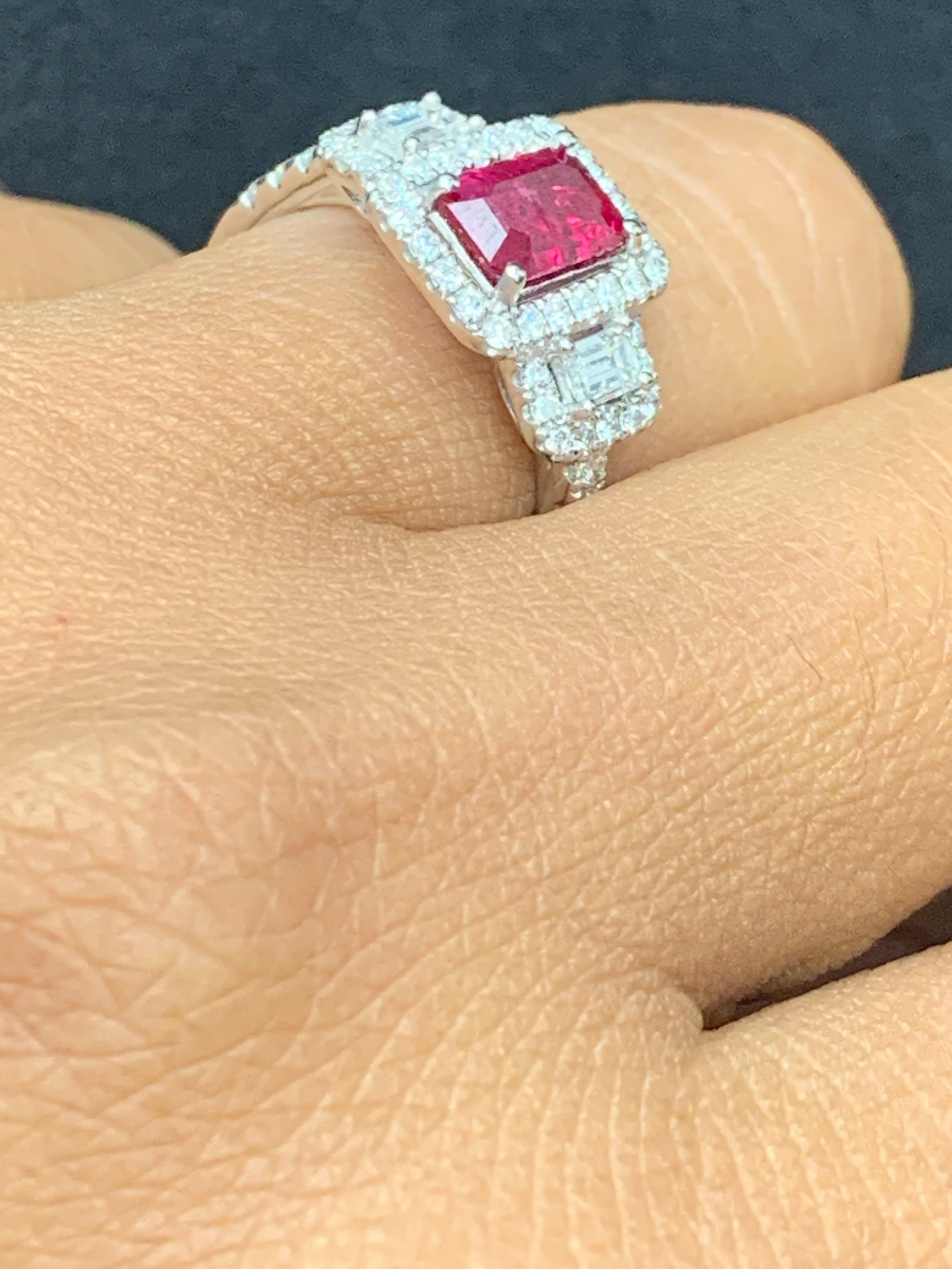 0.85 Carat Emerald Cut Ruby Diamond Engagement Ring in 18K White Gold For Sale 8