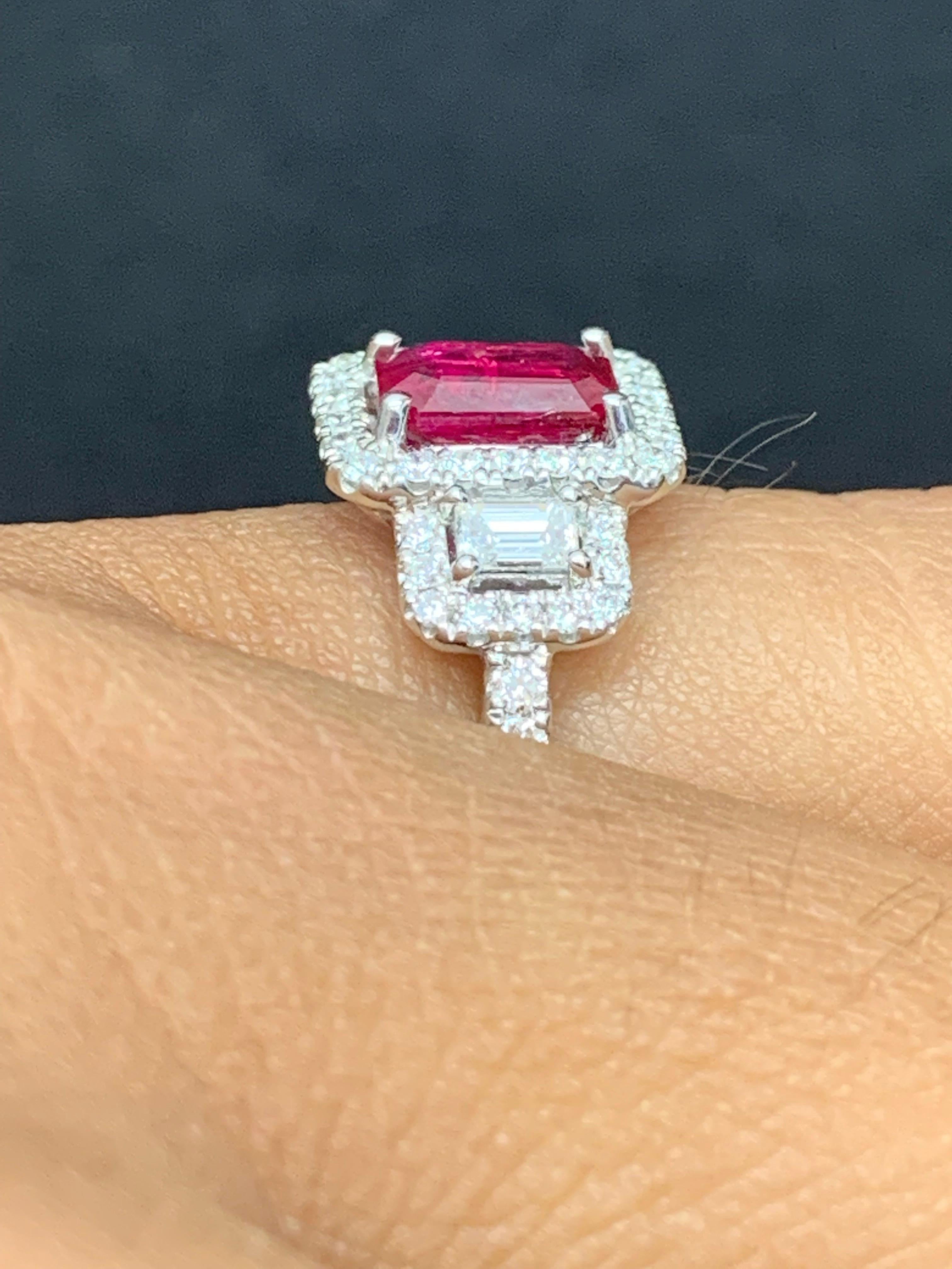 0.85 Carat Emerald Cut Ruby Diamond Engagement Ring in 18K White Gold For Sale 9