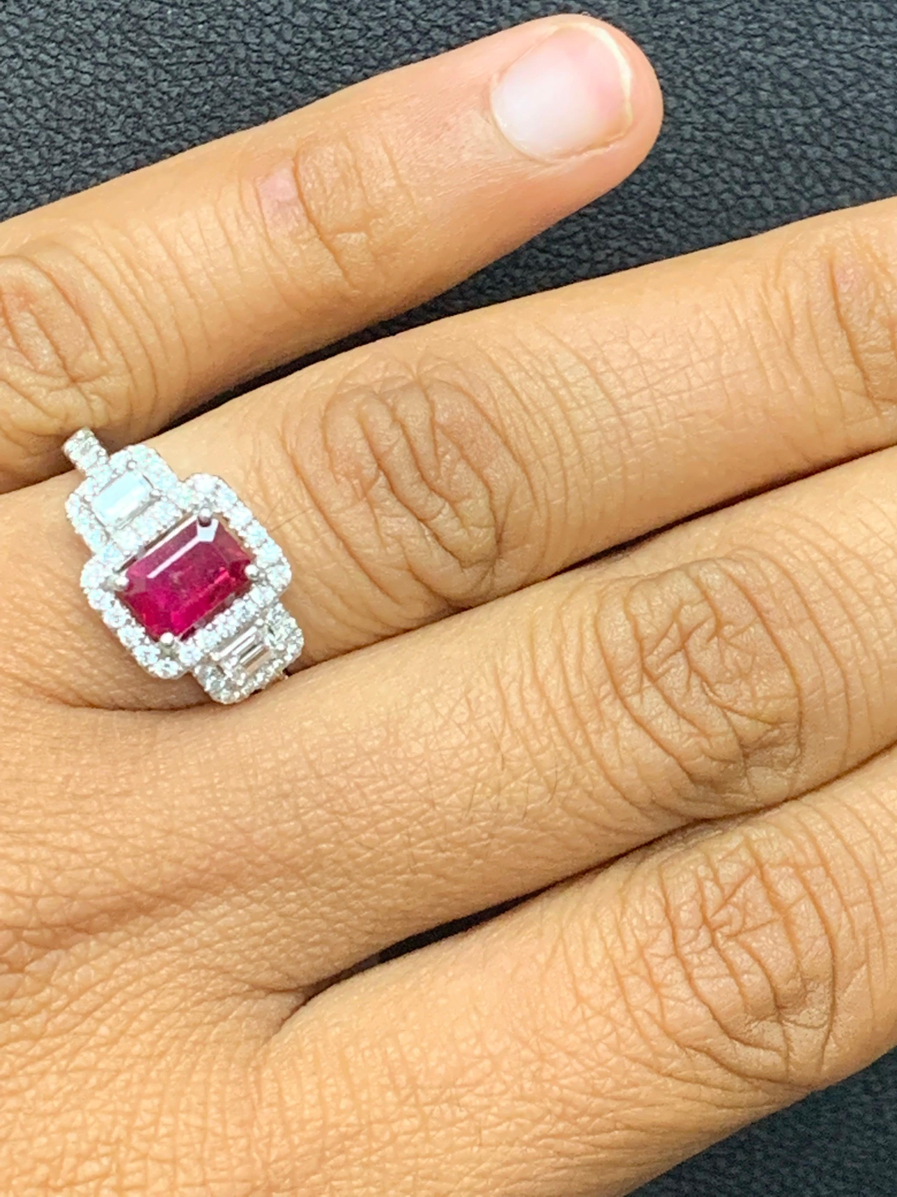 0.85 Carat Emerald Cut Ruby Diamond Engagement Ring in 18K White Gold For Sale 9