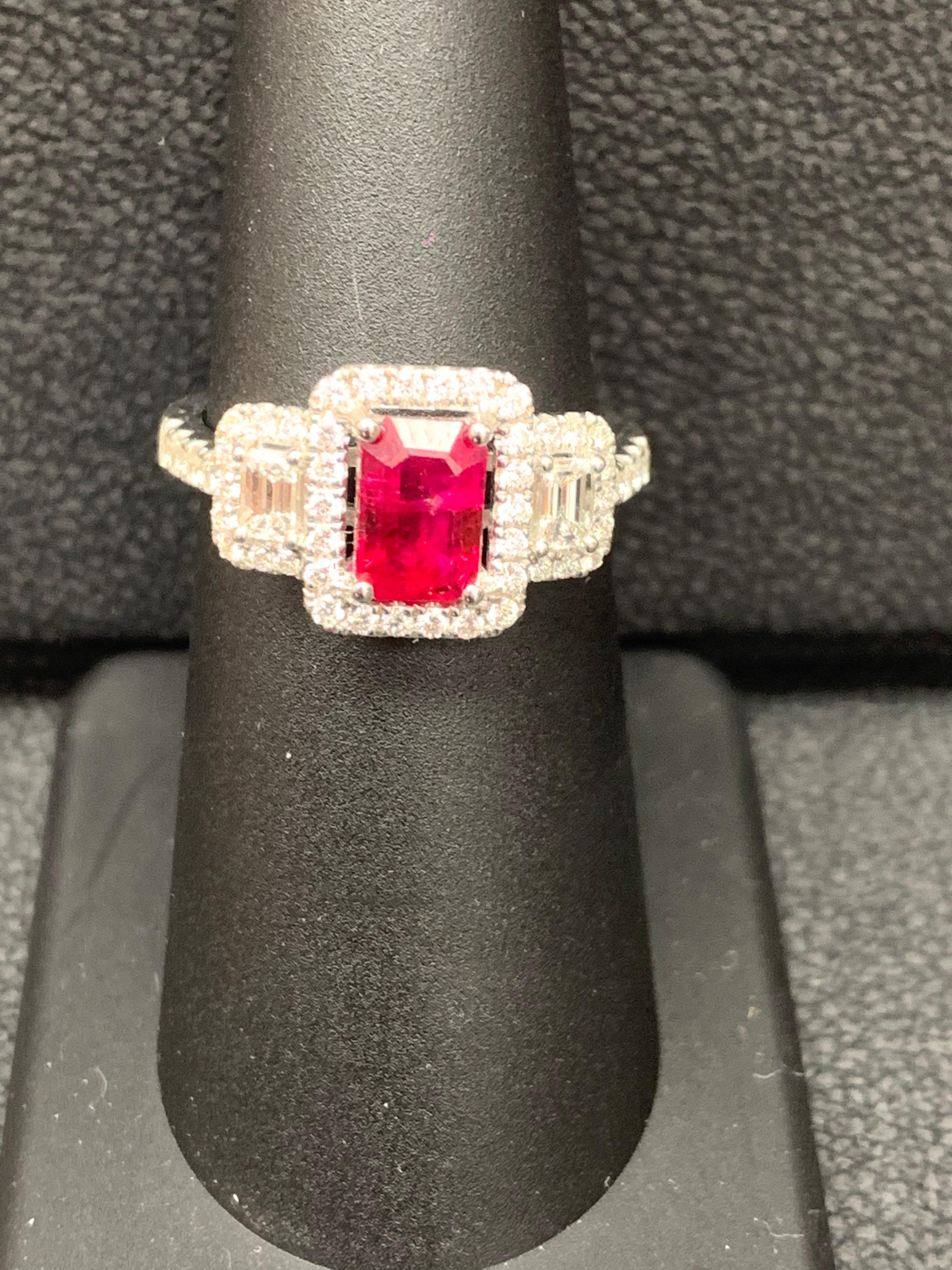 Modern 0.85 Carat Emerald Cut Ruby Diamond Engagement Ring in 18K White Gold For Sale