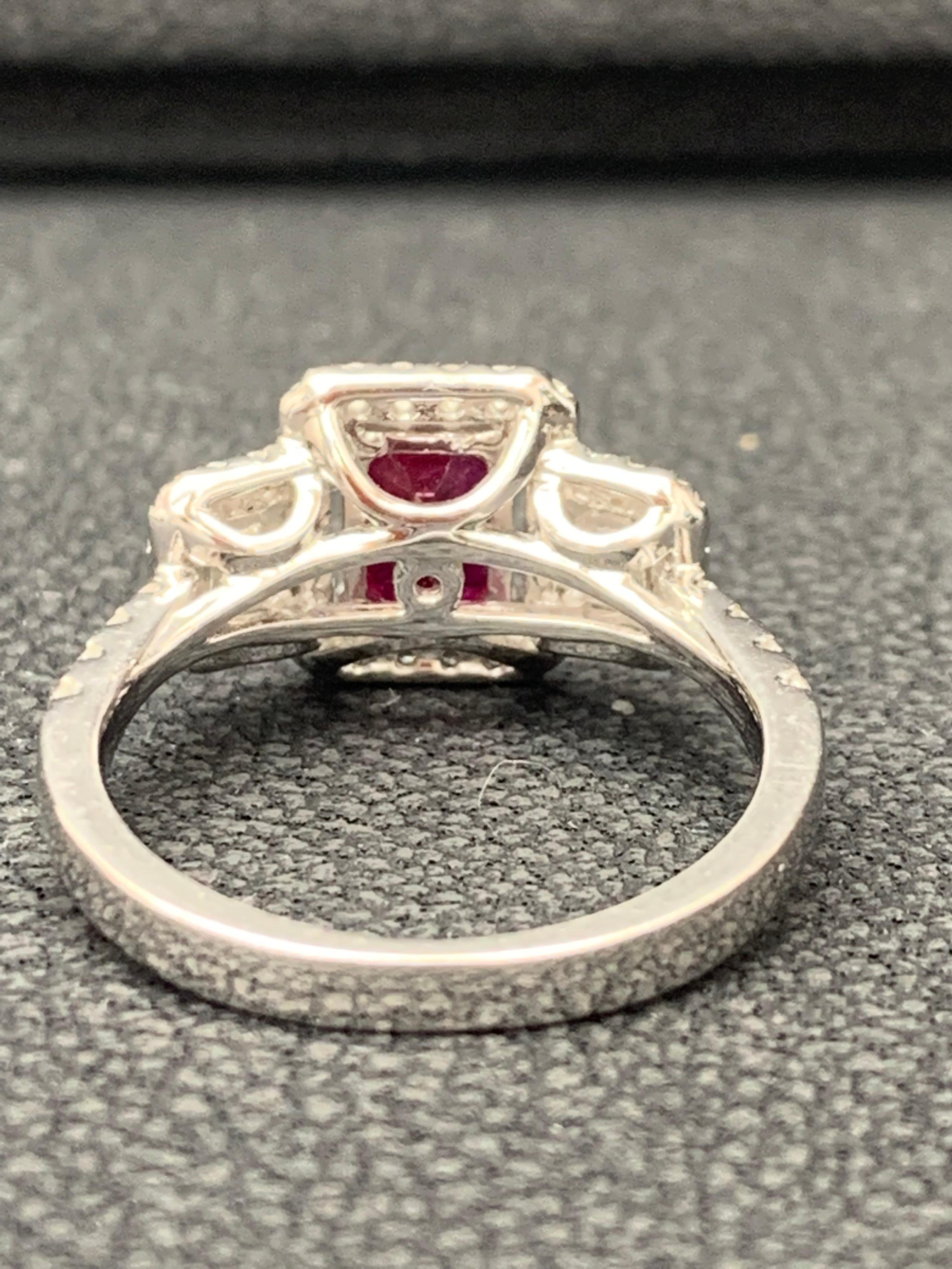 0.85 Carat Emerald Cut Ruby Diamond Engagement Ring in 18K White Gold For Sale 3