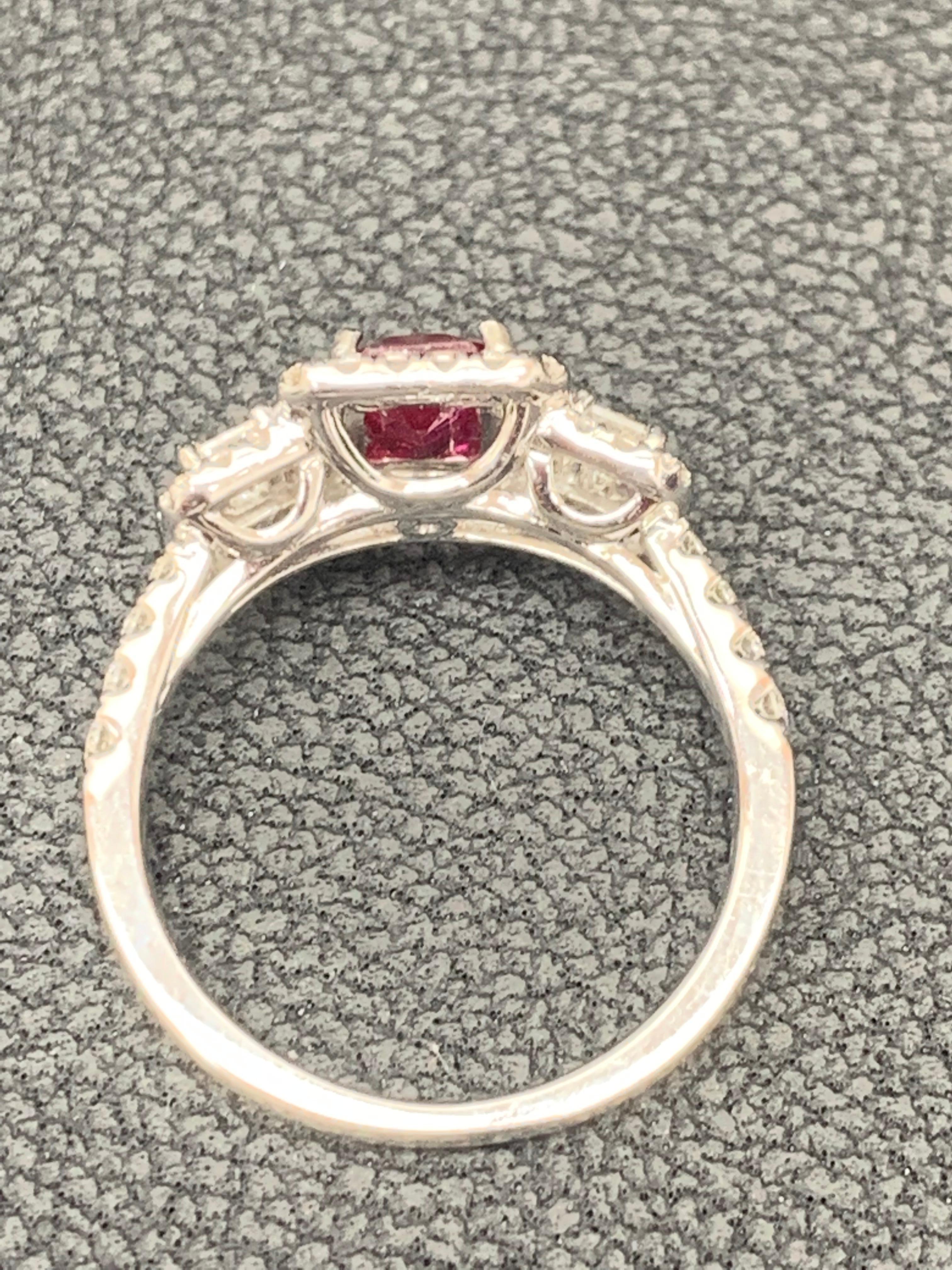 0.85 Carat Emerald Cut Ruby Diamond Engagement Ring in 18K White Gold For Sale 4
