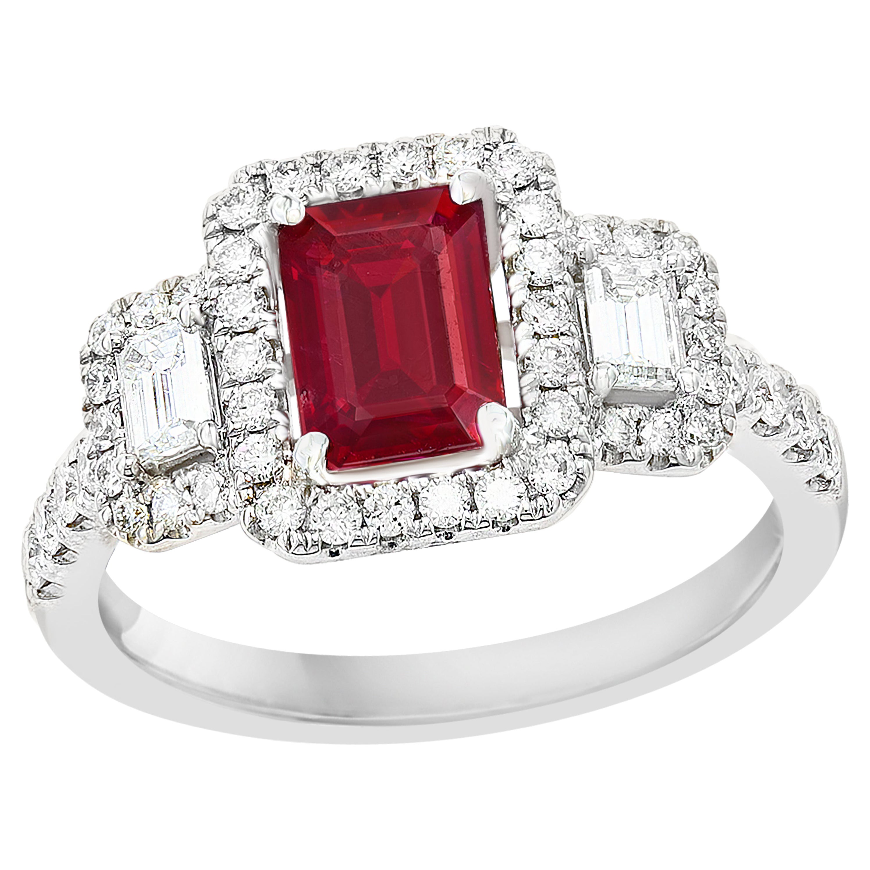 0.85 Carat Emerald Cut Ruby Diamond Engagement Ring in 18K White Gold For Sale