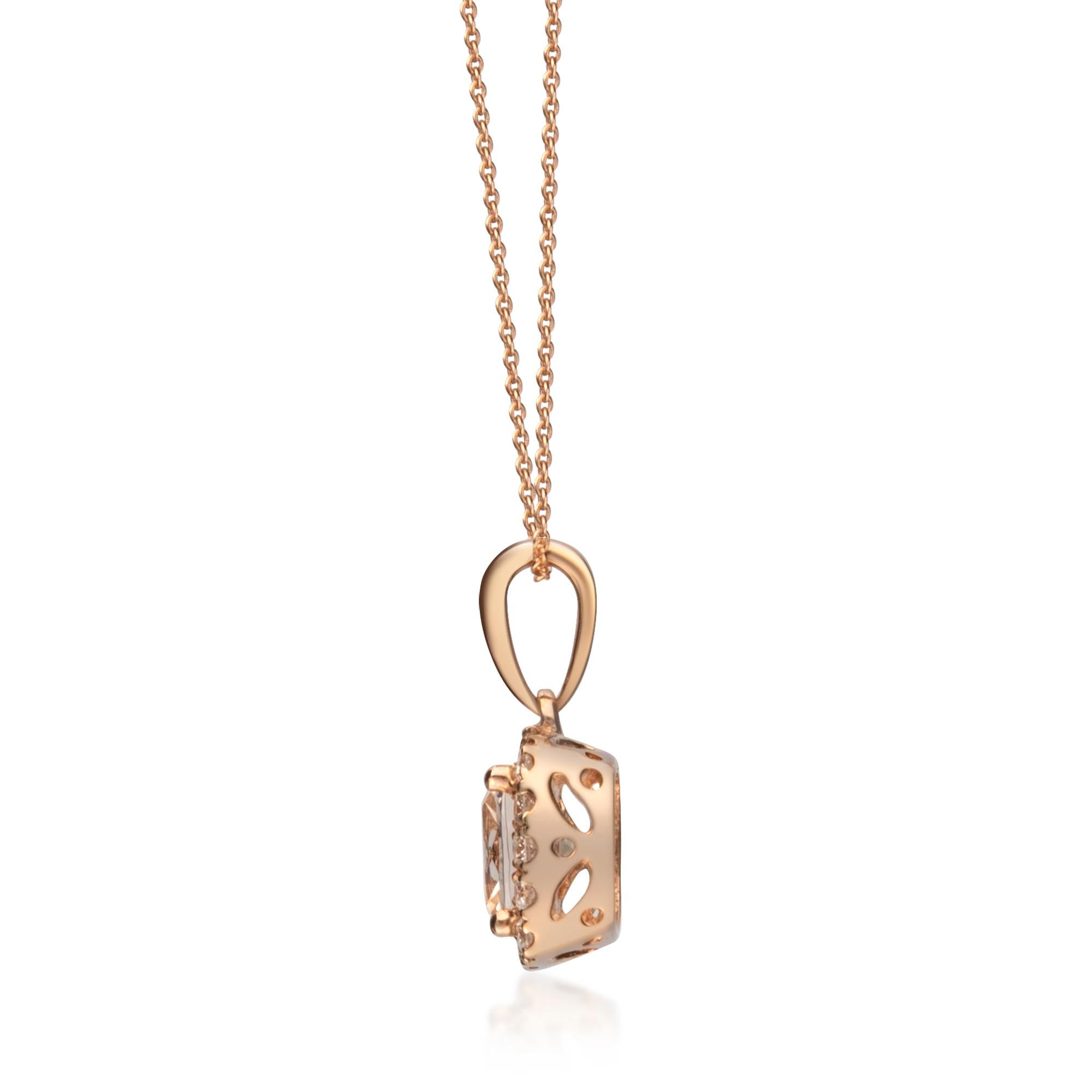 Decorate yourself in elegance with this Pendant is crafted from 10-karat Rose Gold by Gin & Grace Pendant. This Pendant is made up of 6MM Cushion-Cut Prong setting Genuine Morganite (1 Pcs) 0.85 Carat and Round-Cut Prong setting White Diamond (16