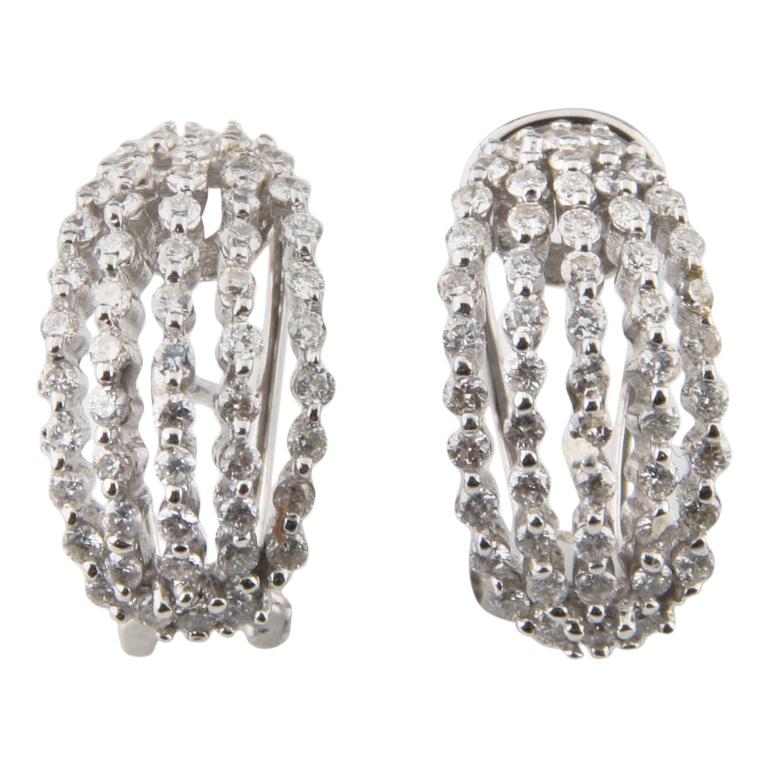 0.85 Carat Multirow Diamond Earrings with Omega Backs All Set in 14 Karat Gold