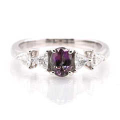 0.85 Carat, Natural, Color-Change Alexandrite and Diamond Ring Set in Platinum