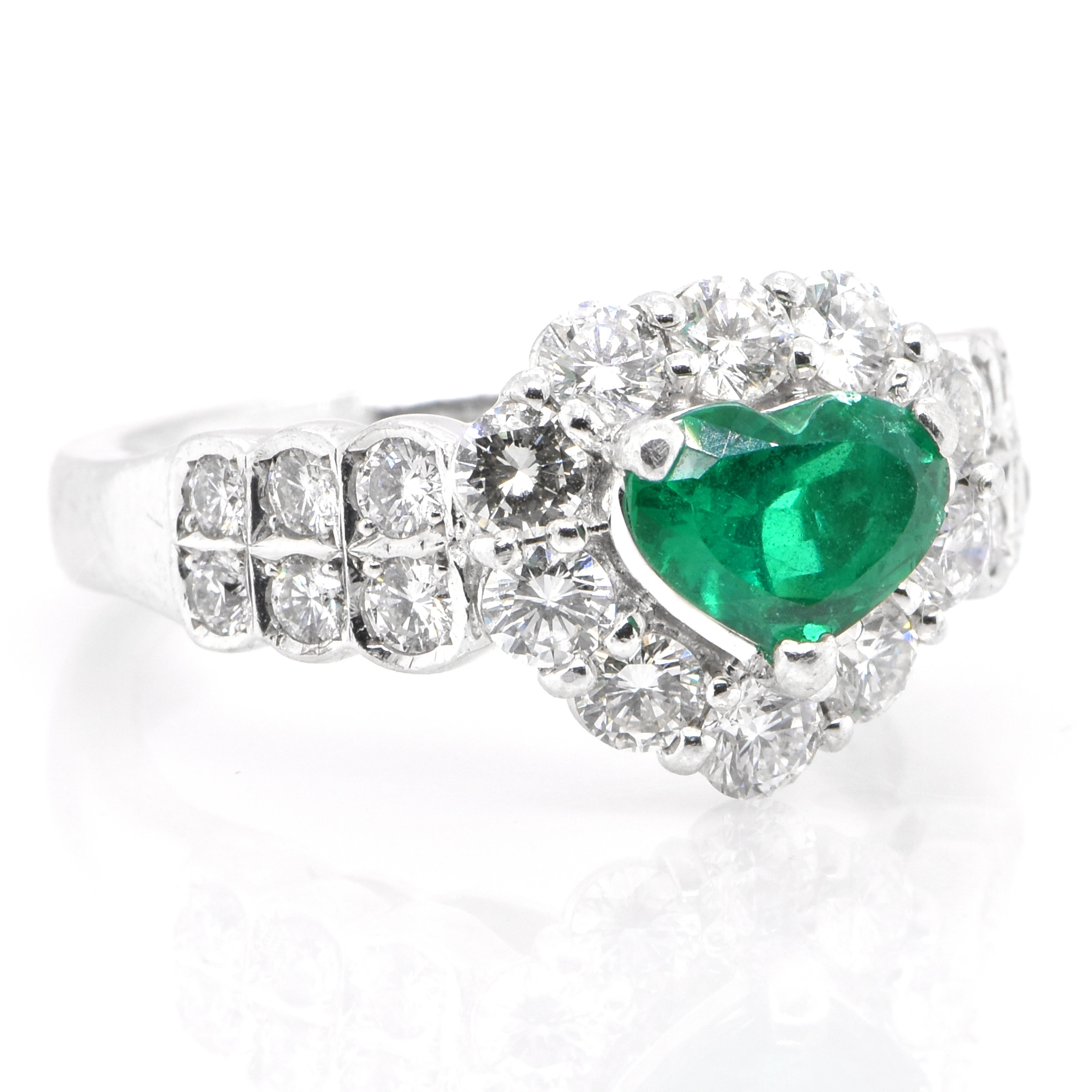 Modern 0.85 Carat Natural Heart Cut Emerald and Diamond Halo Ring Set in Platinum