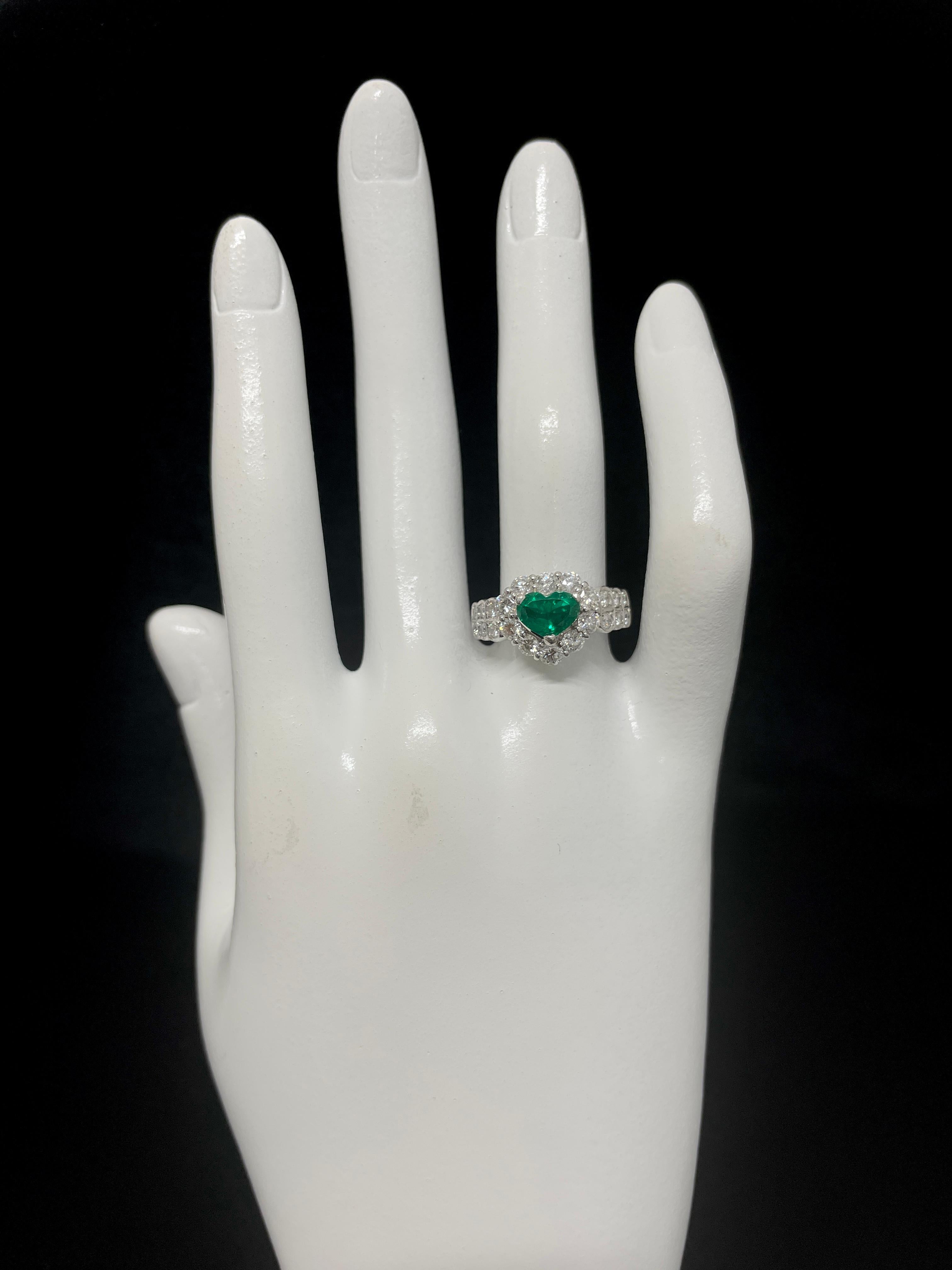 0.85 Carat Natural Heart Cut Emerald and Diamond Halo Ring Set in Platinum 2