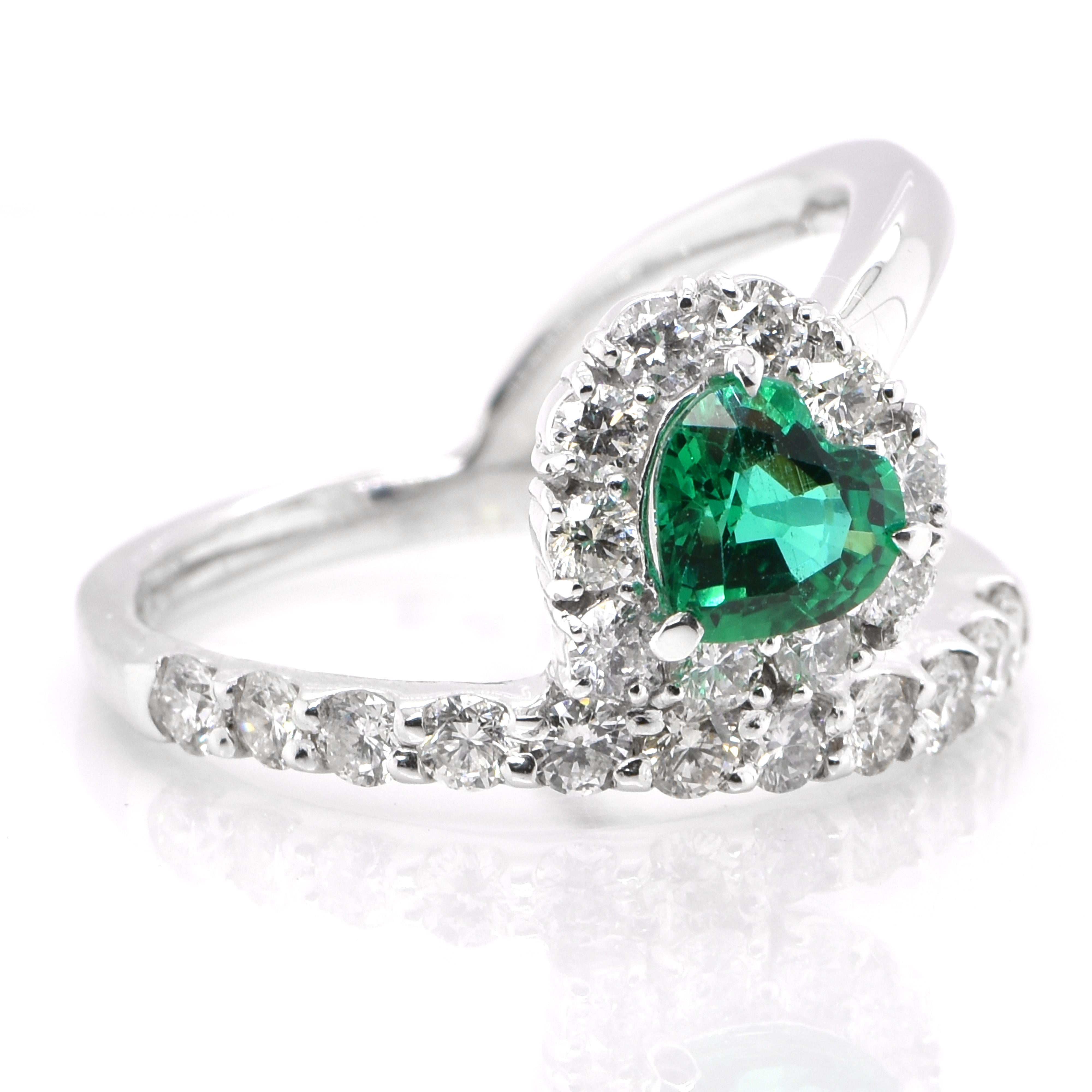 Modern 0.85 Carat Natural, Heart-Cut, Zambian Emerald and Diamond Ring Set in Platinum