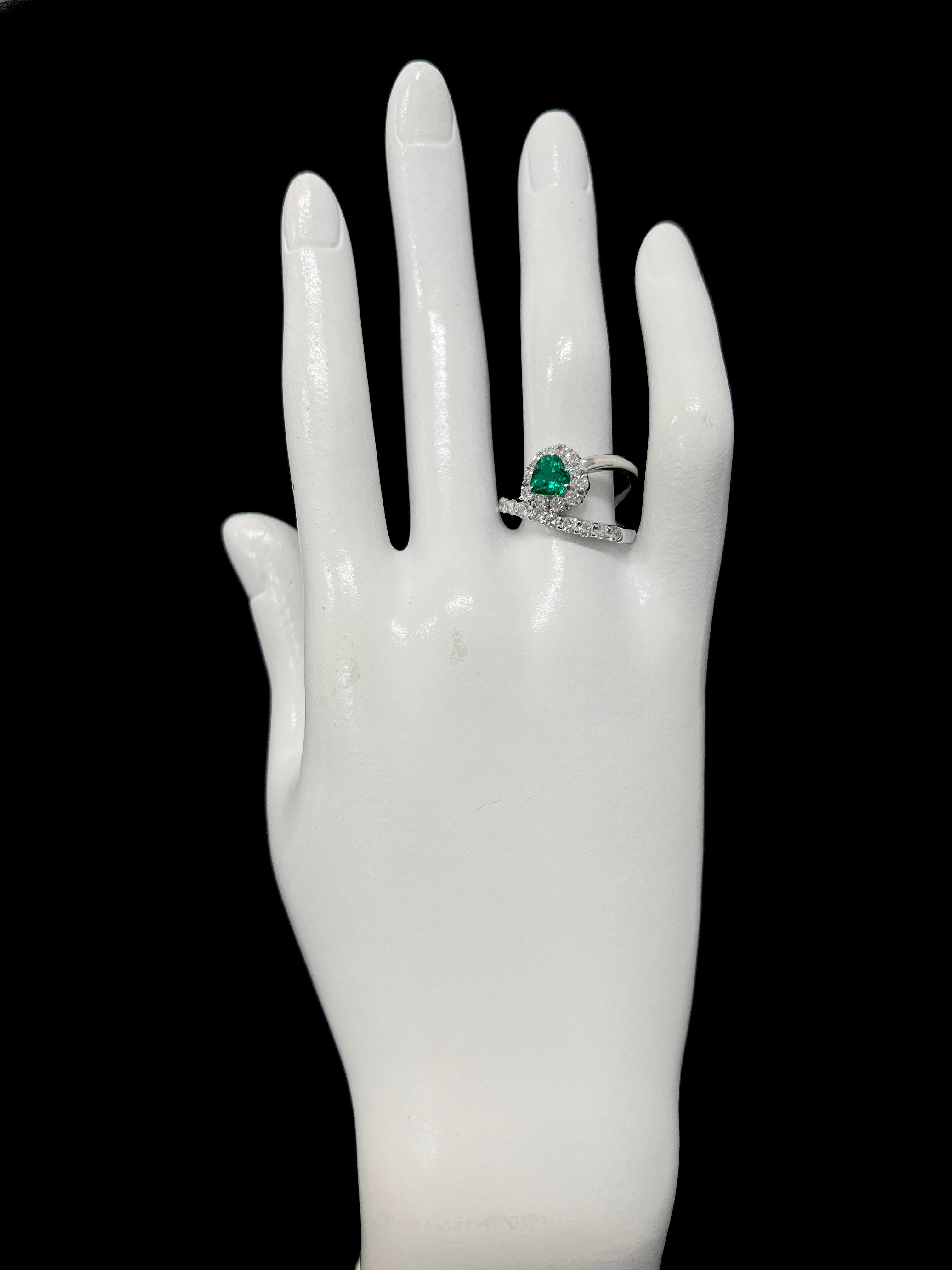 0.85 Carat Natural, Heart-Cut, Zambian Emerald and Diamond Ring Set in Platinum 1