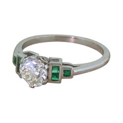 0.85 Carat Old European Cut Diamond and Emerald Ring
