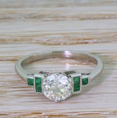 0.85 Carat Old European Cut Diamond and Emerald Ring