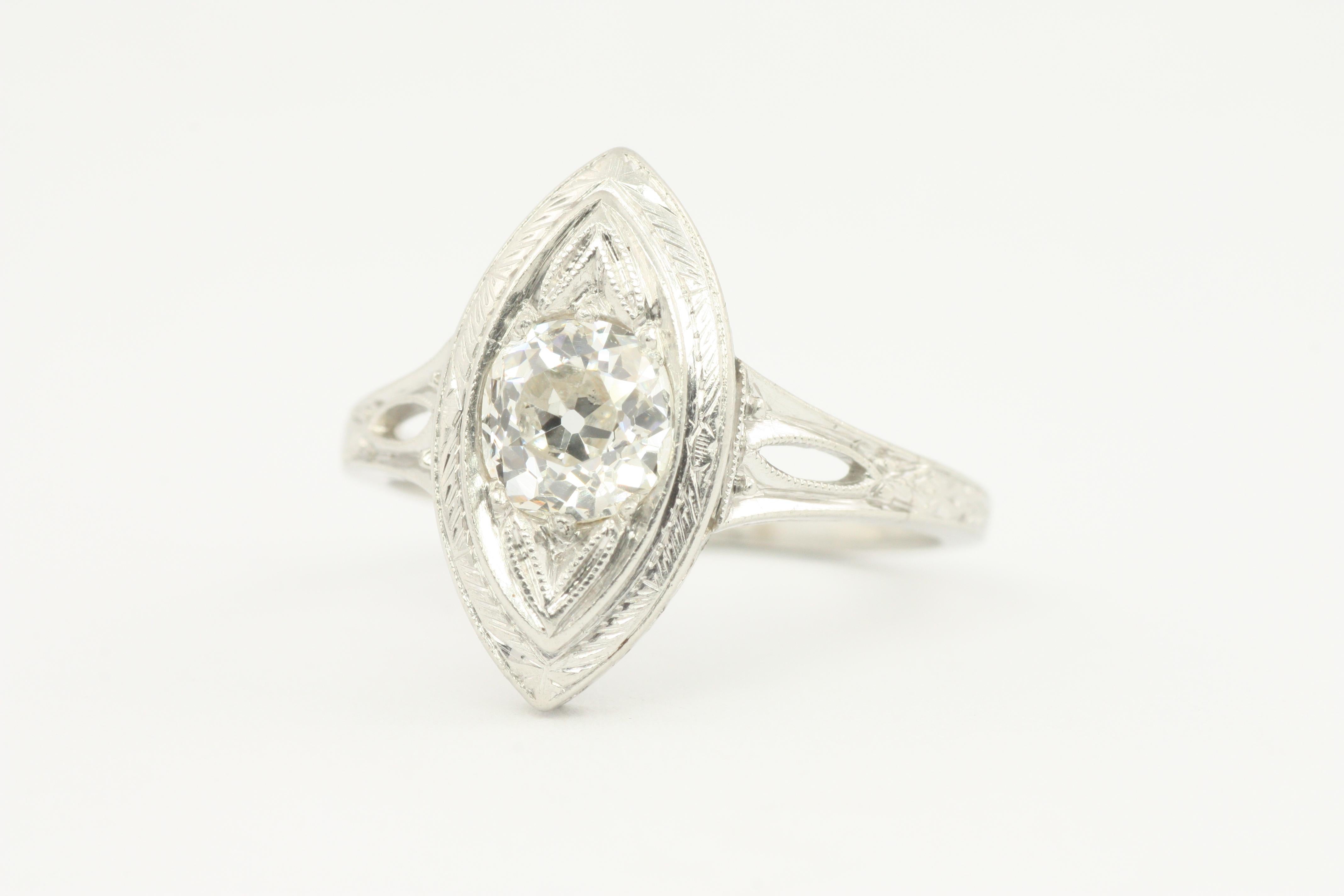 0.85 Carat Old Mine Cut Diamond 1920s Filigree Art Deco Platinum Engagement Ring In Excellent Condition For Sale In Venice, CA