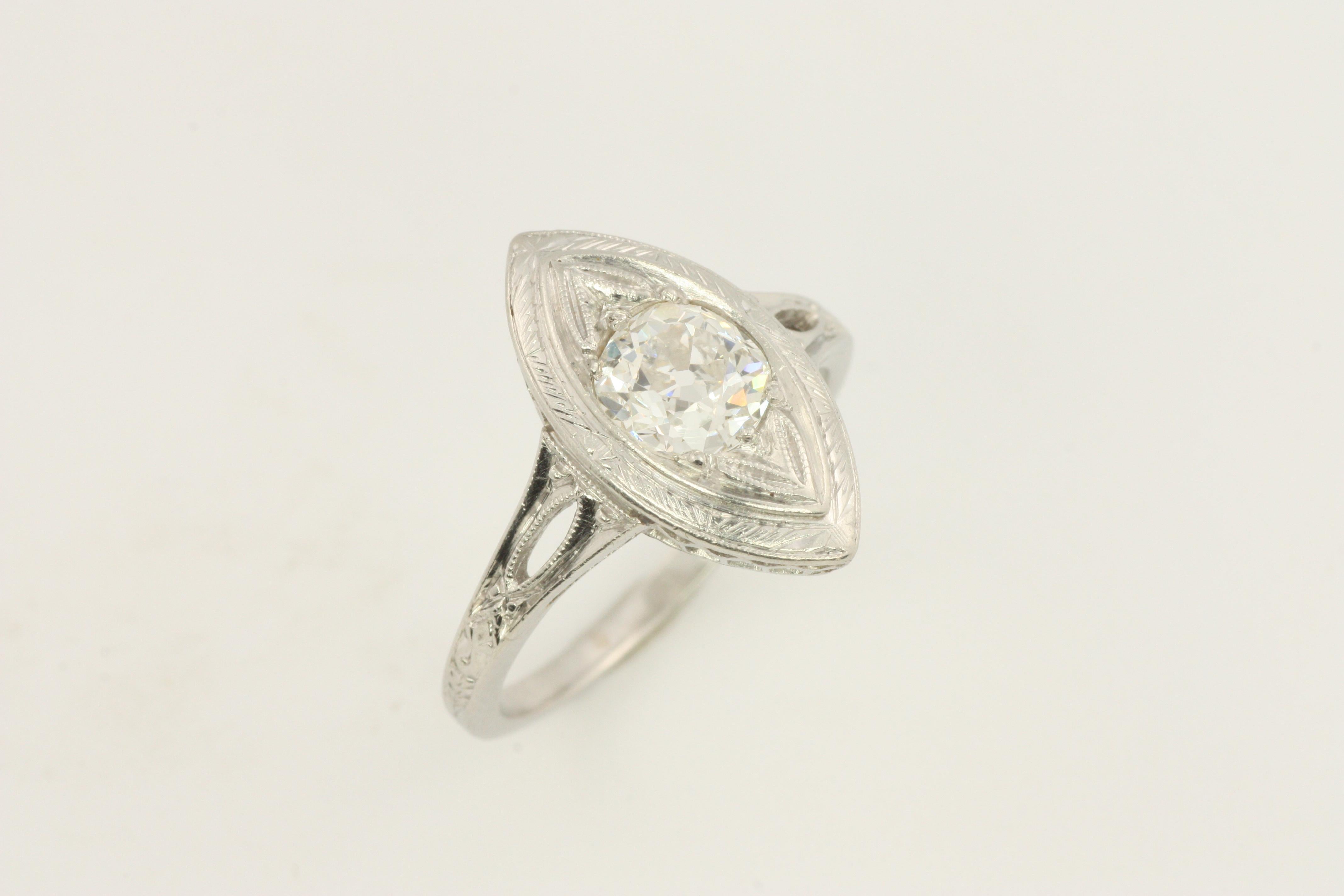 0.85 Carat Old Mine Cut Diamond 1920s Filigree Art Deco Platinum Engagement Ring For Sale 2