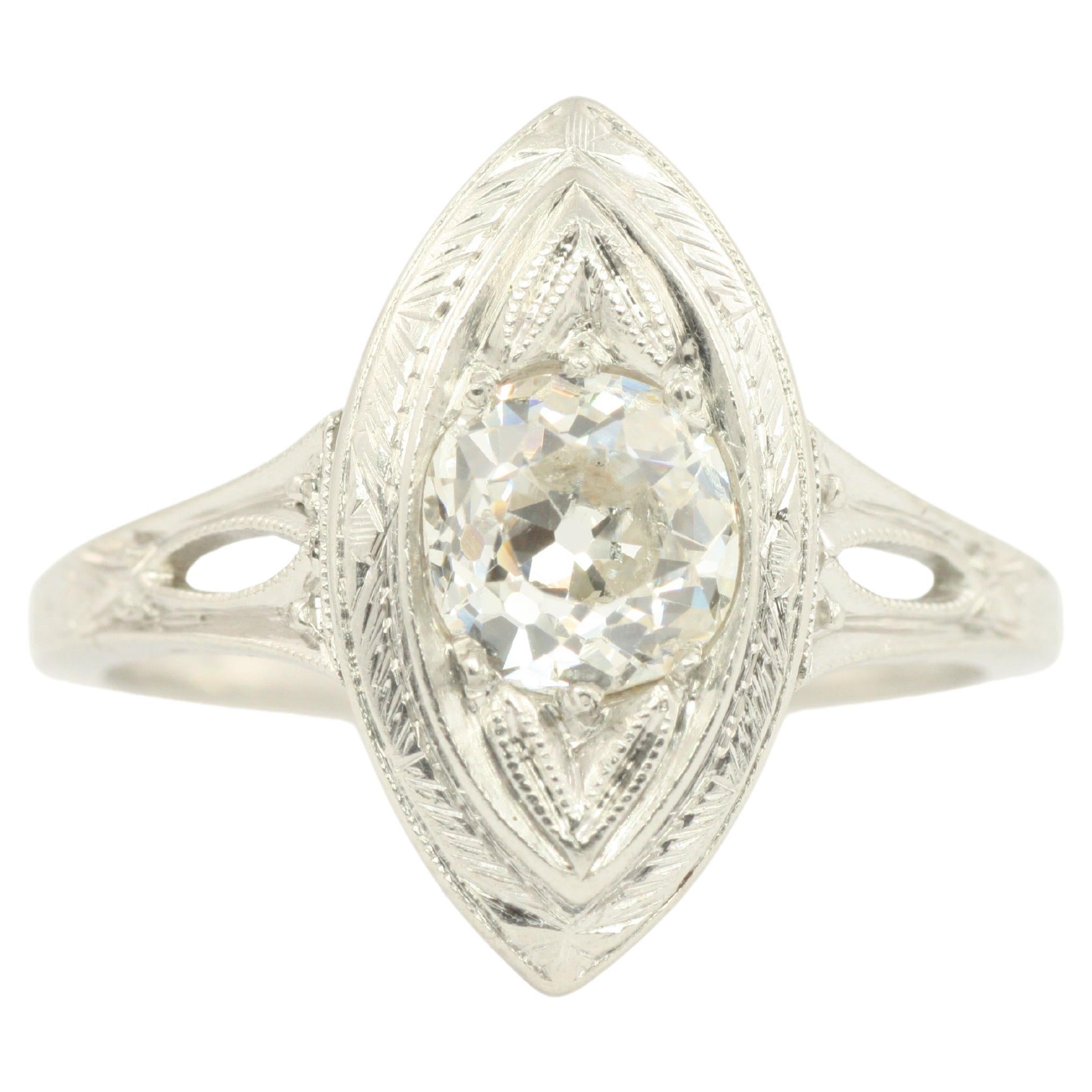 0.85 Carat Old Mine Cut Diamond 1920s Filigree Art Deco Platinum Engagement Ring For Sale