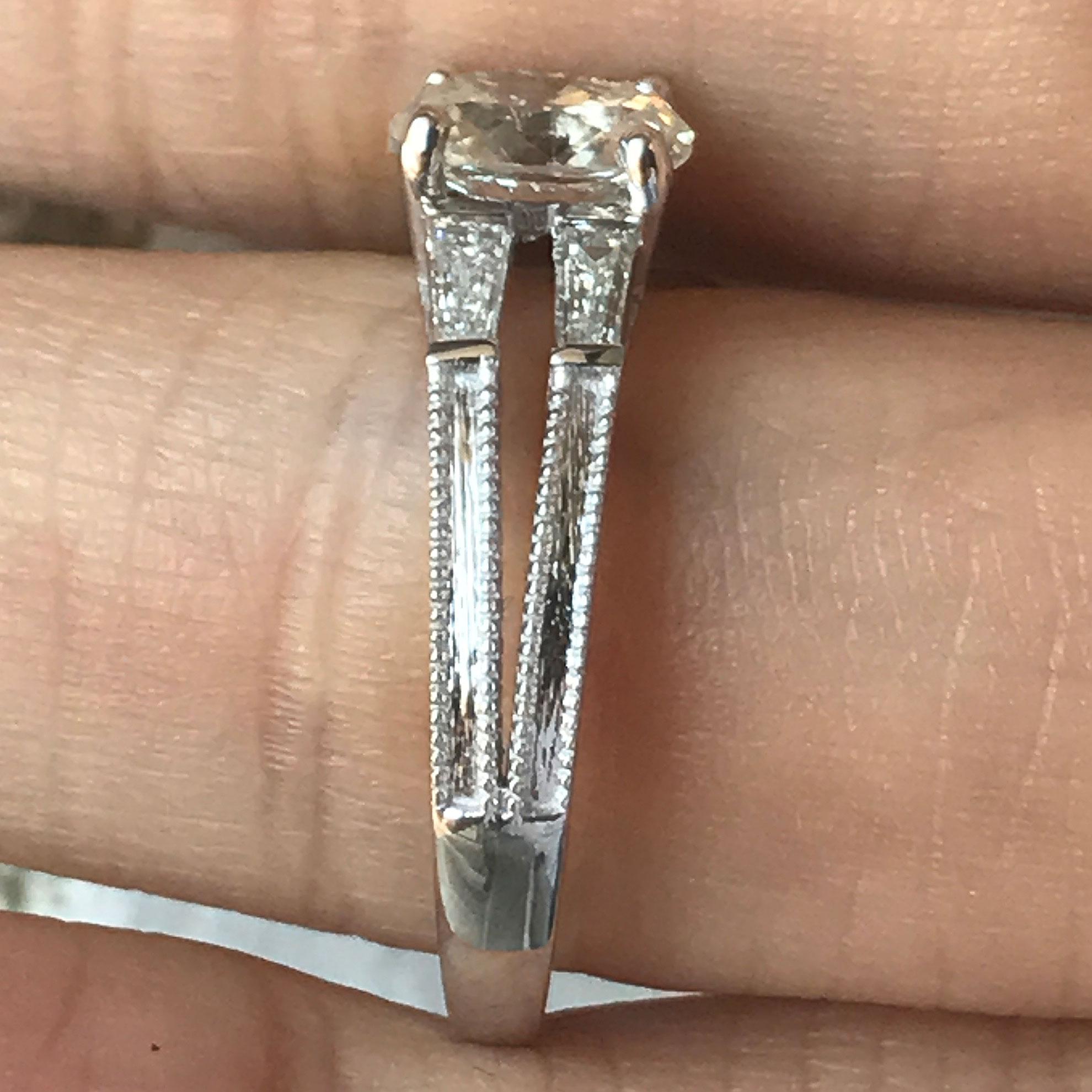 Modern 0.85 Carat Oval Diamond Baguette Engagement Ring 14 Karat, Ben Dannie For Sale