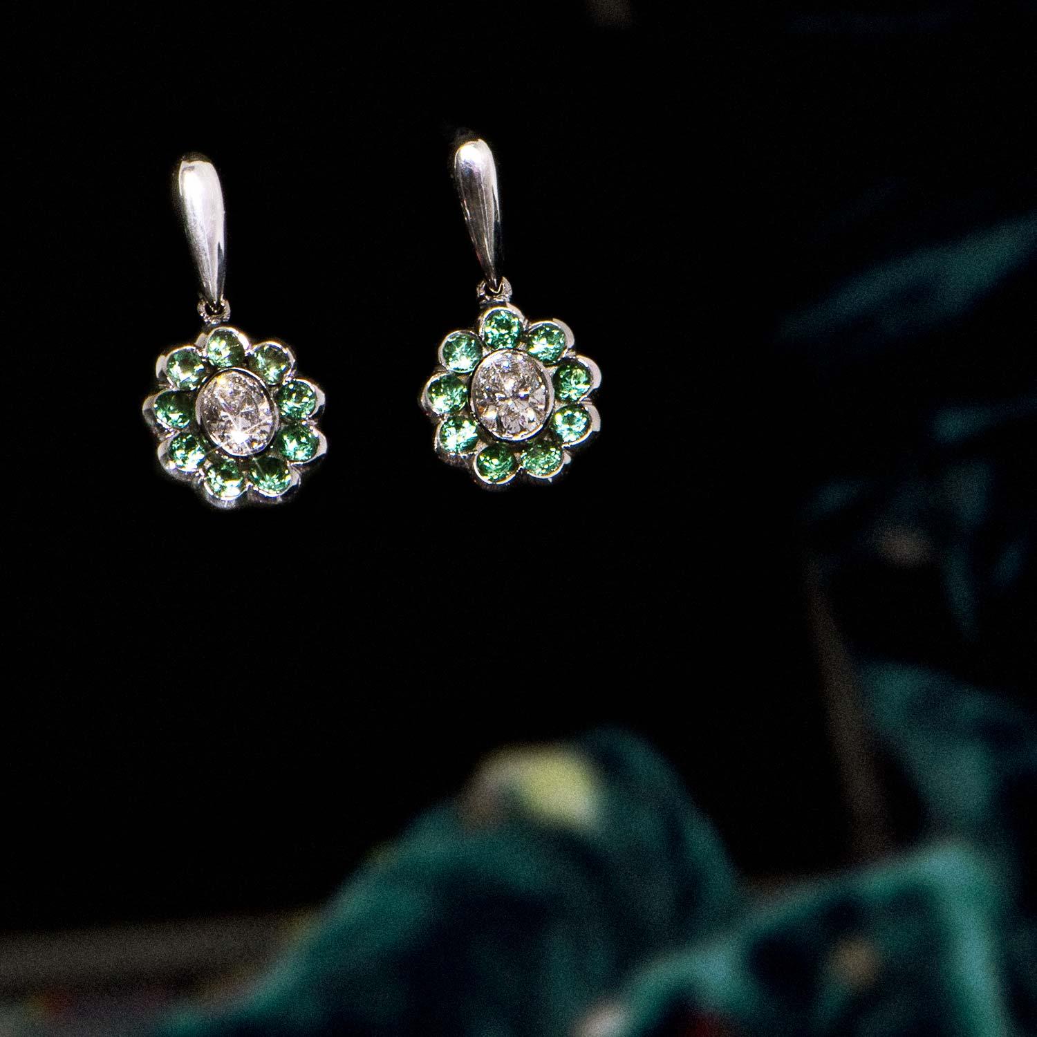 0.85 Carat Oval Diamond Green Tourmaline Flower Drop Earrings Natalie Barney In New Condition For Sale In Crows Nest, NSW