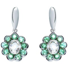 0.85 Carat Oval Diamond Green Tourmaline Flower Drop Earrings Natalie Barney