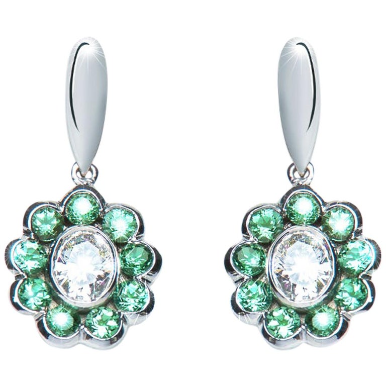 Diamond and green tourmaline flower drop earrings, 2018