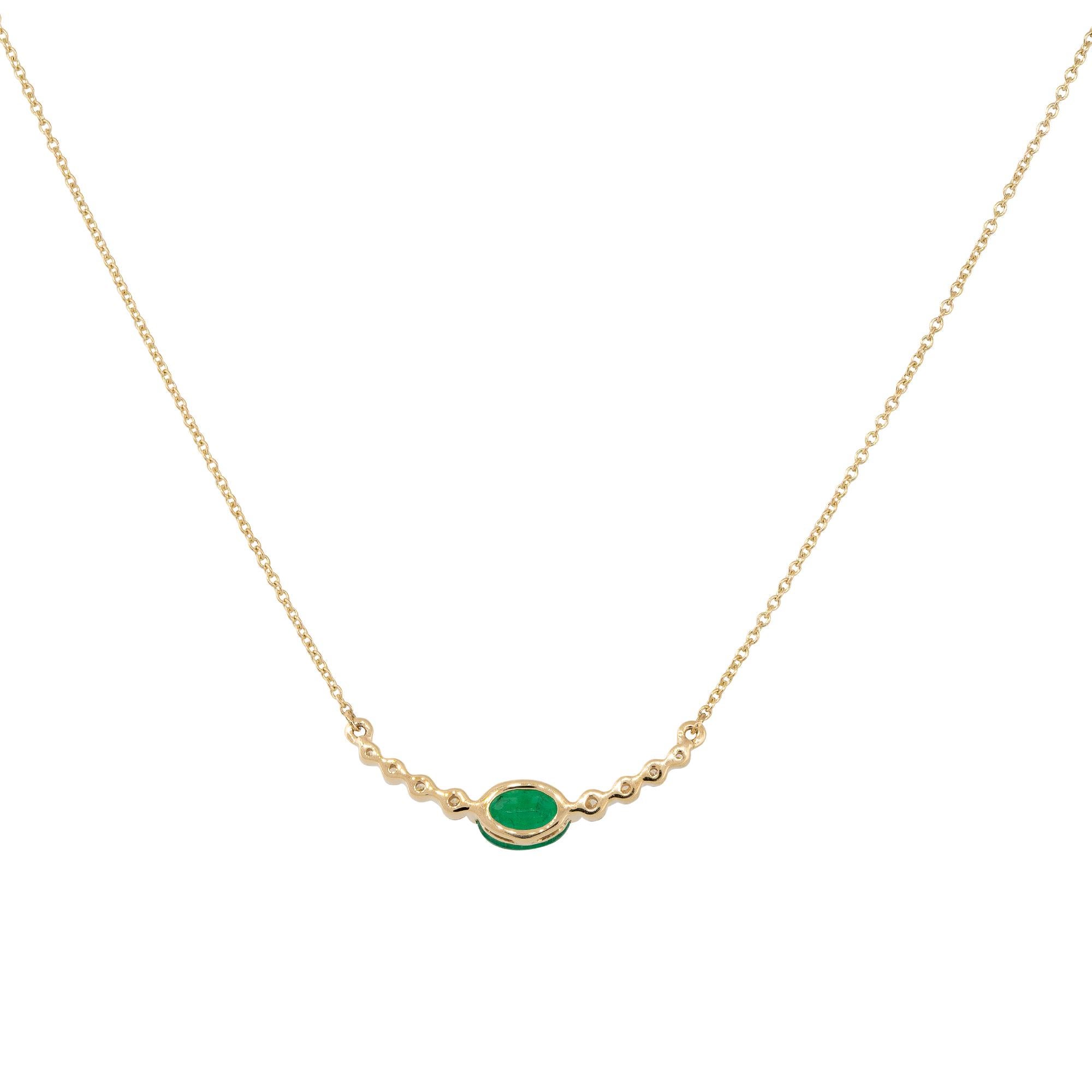 14k Yellow Gold 0.85ctw Oval Emerald and Diamond Curved Bar Necklace

Material: 14k Yellow Gold
Gemstone/Diamond Details: Approximately 0.85ctw of Oval shaped Emerald. Approximately 0.21ctw of Round Diamonds
Measurements: Necklace Measures 18.5″ in
