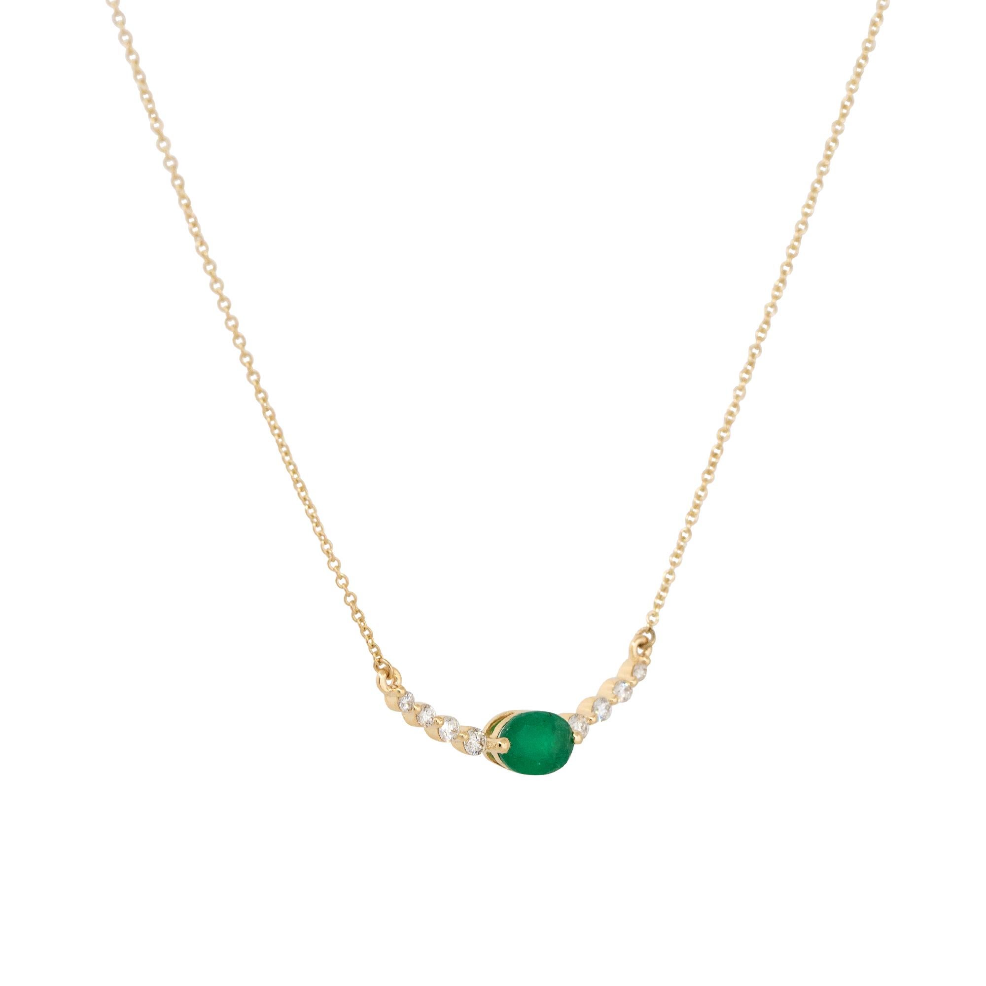 Art Deco 0.85 Carat Oval Emerald and Diamond Curved Bar Necklace 14 Karat In Stock For Sale