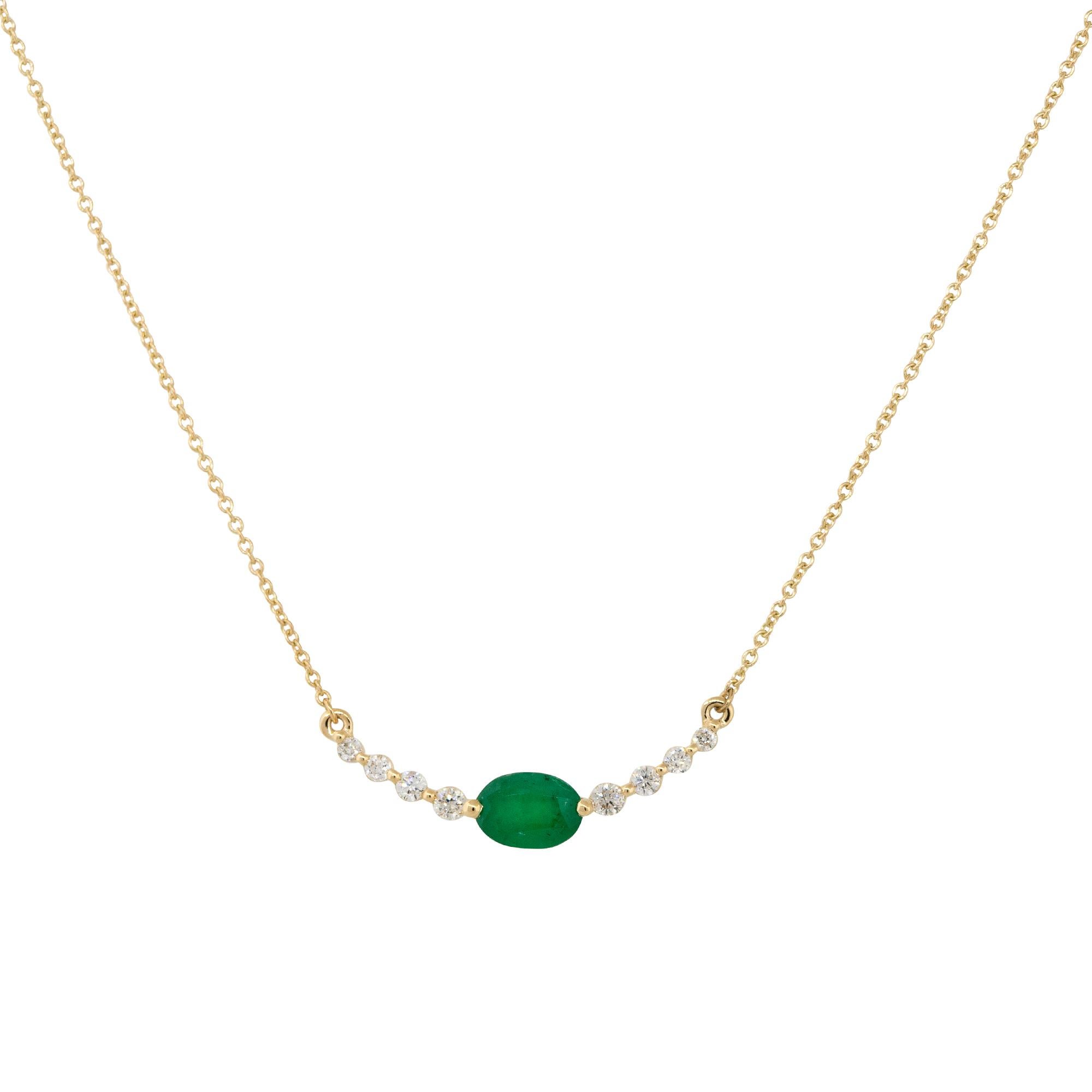 Oval Cut 0.85 Carat Oval Emerald and Diamond Curved Bar Necklace 14 Karat In Stock For Sale