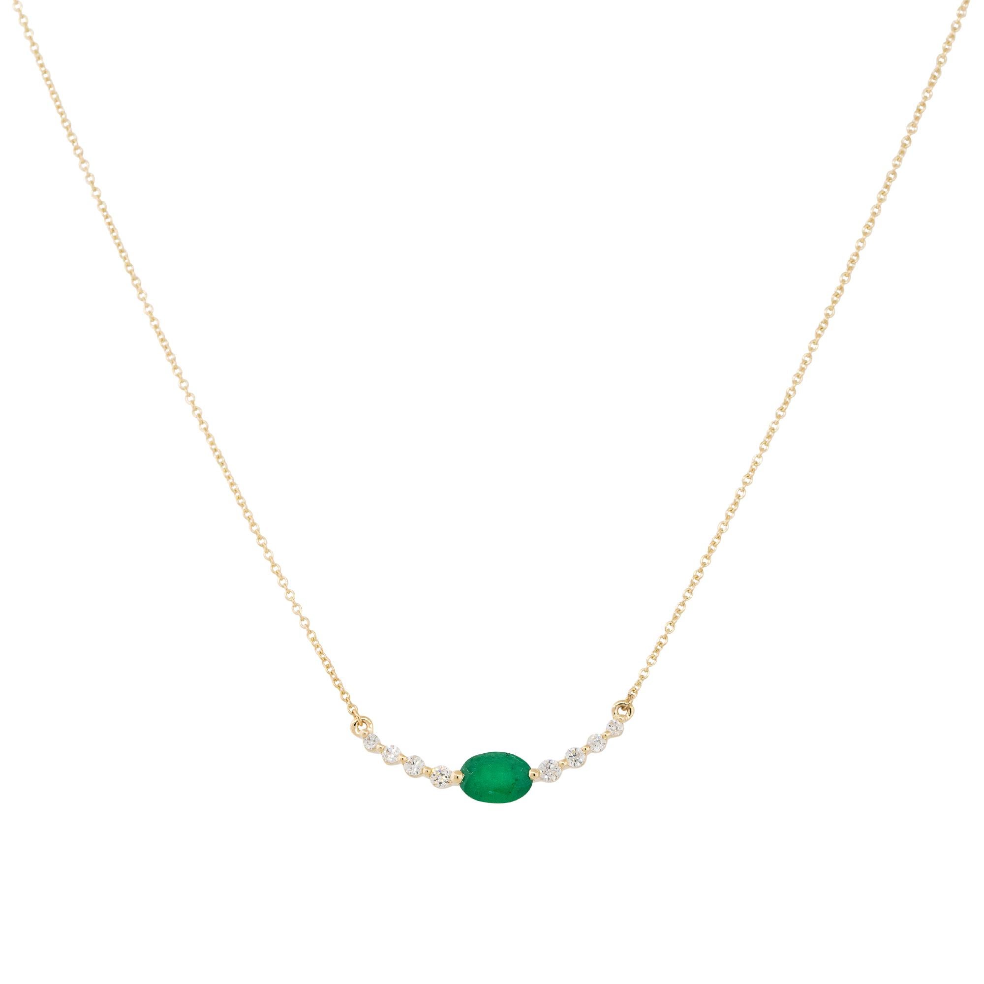 0.85 Carat Oval Emerald and Diamond Curved Bar Necklace 14 Karat In Stock In Excellent Condition For Sale In Boca Raton, FL