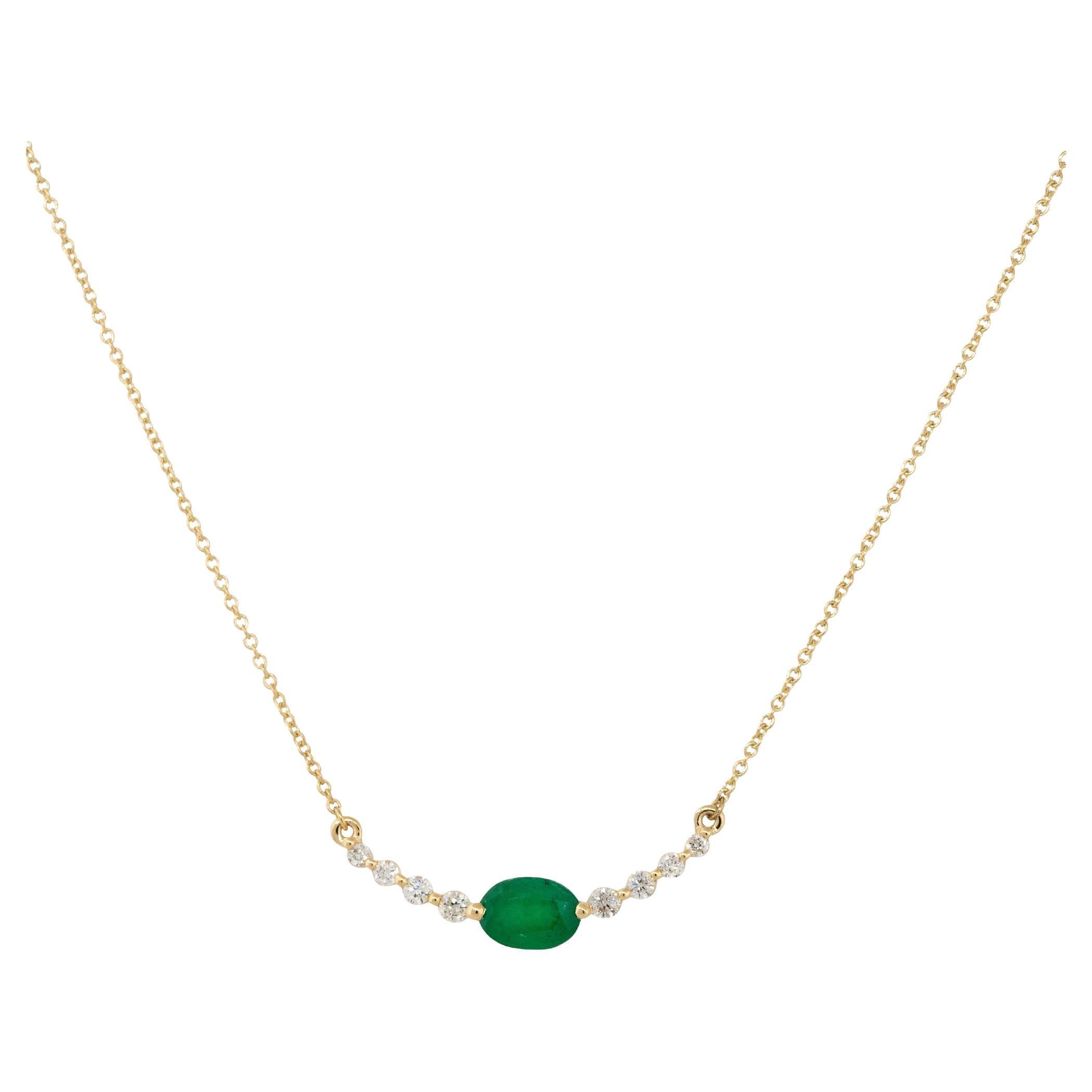 0.85 Carat Oval Emerald and Diamond Curved Bar Necklace 14 Karat In Stock For Sale