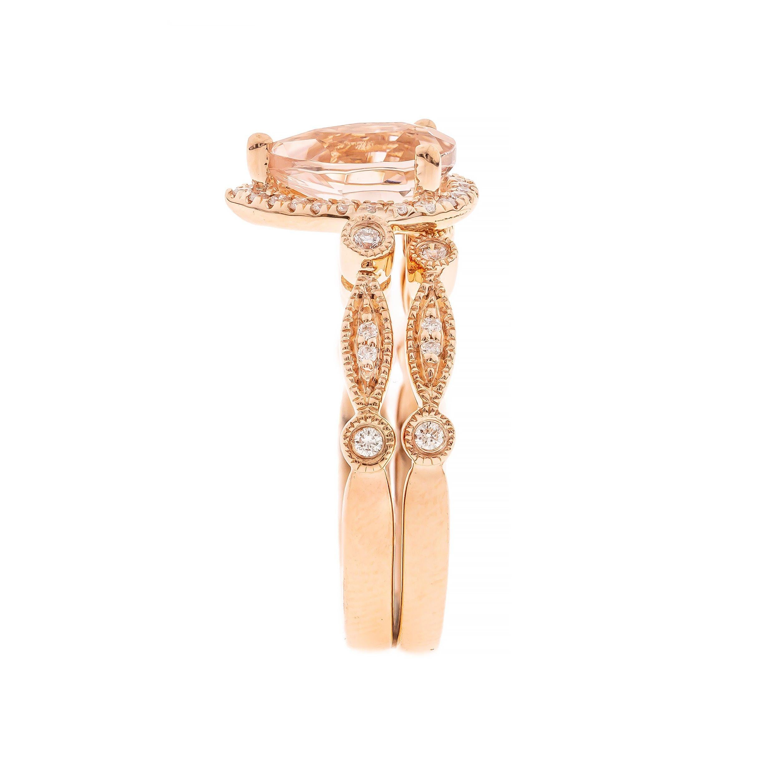 Decorate yourself in elegance with this Ring is crafted from 14-karat Rose Gold by Gin & Grace. This Ring is made up of 8x6 mm Pear-Cut (1 pcs) 0.85 carat Morganite and Round-cut White Diamond (41 Pcs) 0.17 Carat. This Ring is weight 4.63 grams.