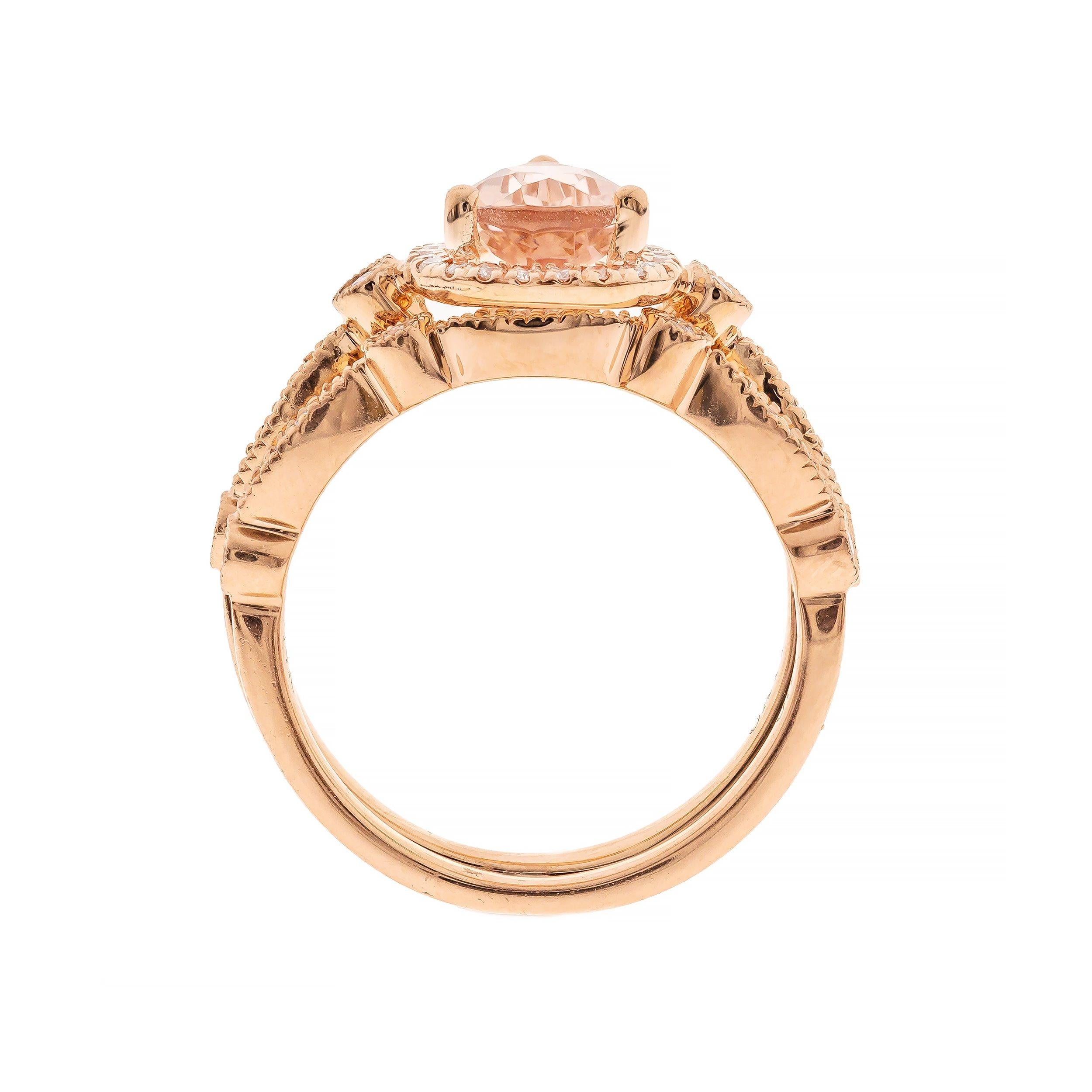 Art Deco 0.85 Carat Pear-Cut Morganite Diamond Accents 14K Rose Gold Ring For Sale