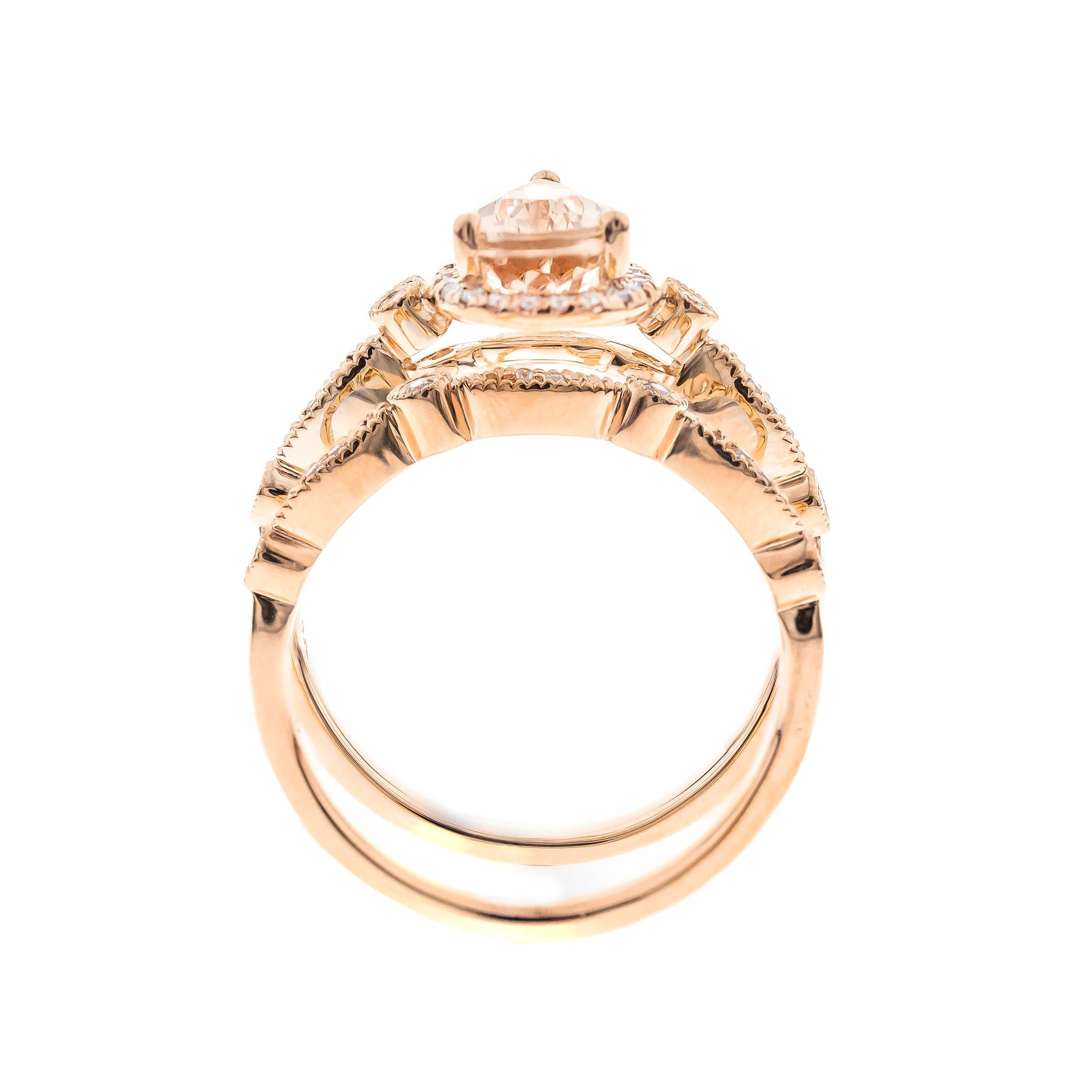 Taille poire Bague en or rose 14 carats avec diamants et morganite taille poire de 0,85 carat en vente