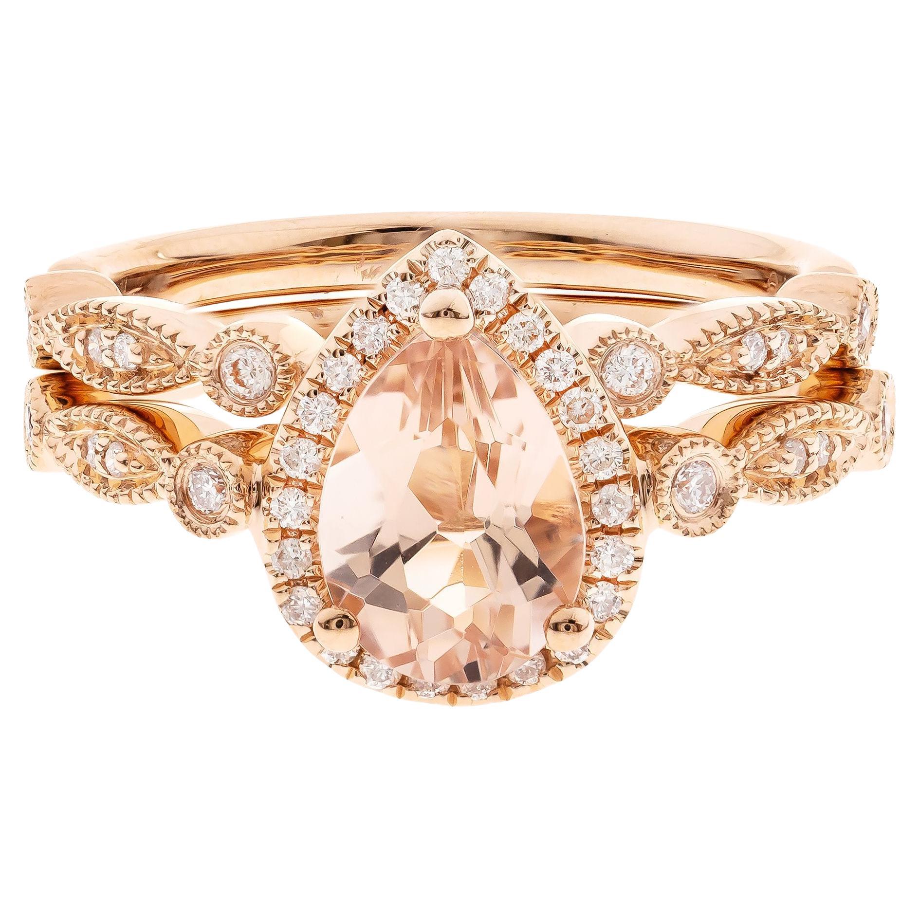 0.85 Carat Pear-Cut Morganite Diamond Accents 14K Rose Gold Ring For Sale