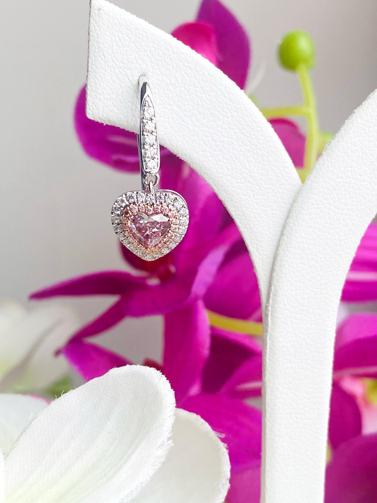 Heart Cut 0.85 carat Pink diamond earrings GIA certified I1 clarity For Sale