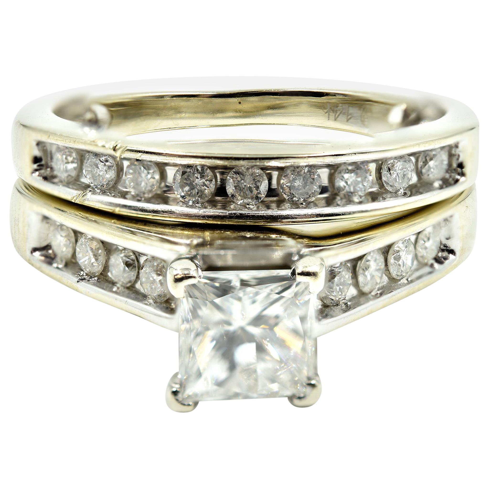 0.85 Carat Princess Cut Diamond Engagement Ring Set of 14 Karat White Gold