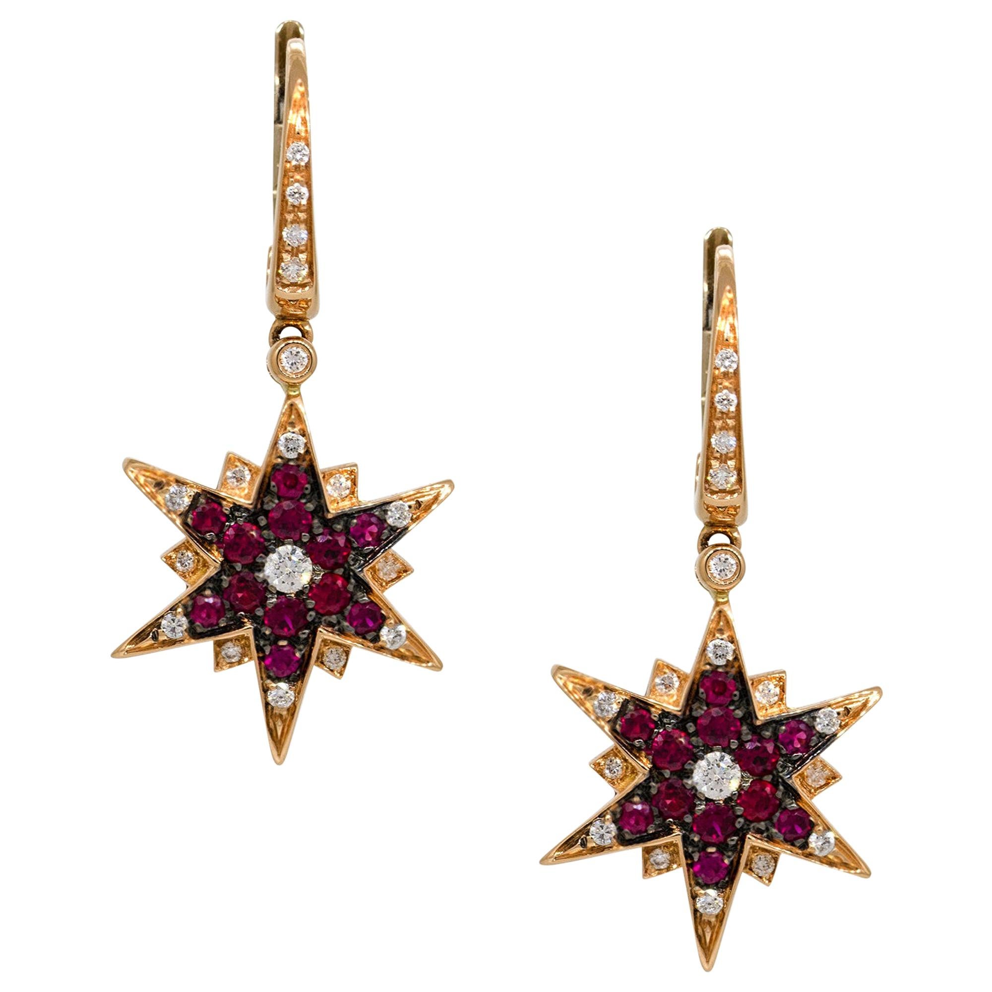 0.85 Carat Round Ruby Star Shape Earrings with Diamonds 18 Karat in Stock