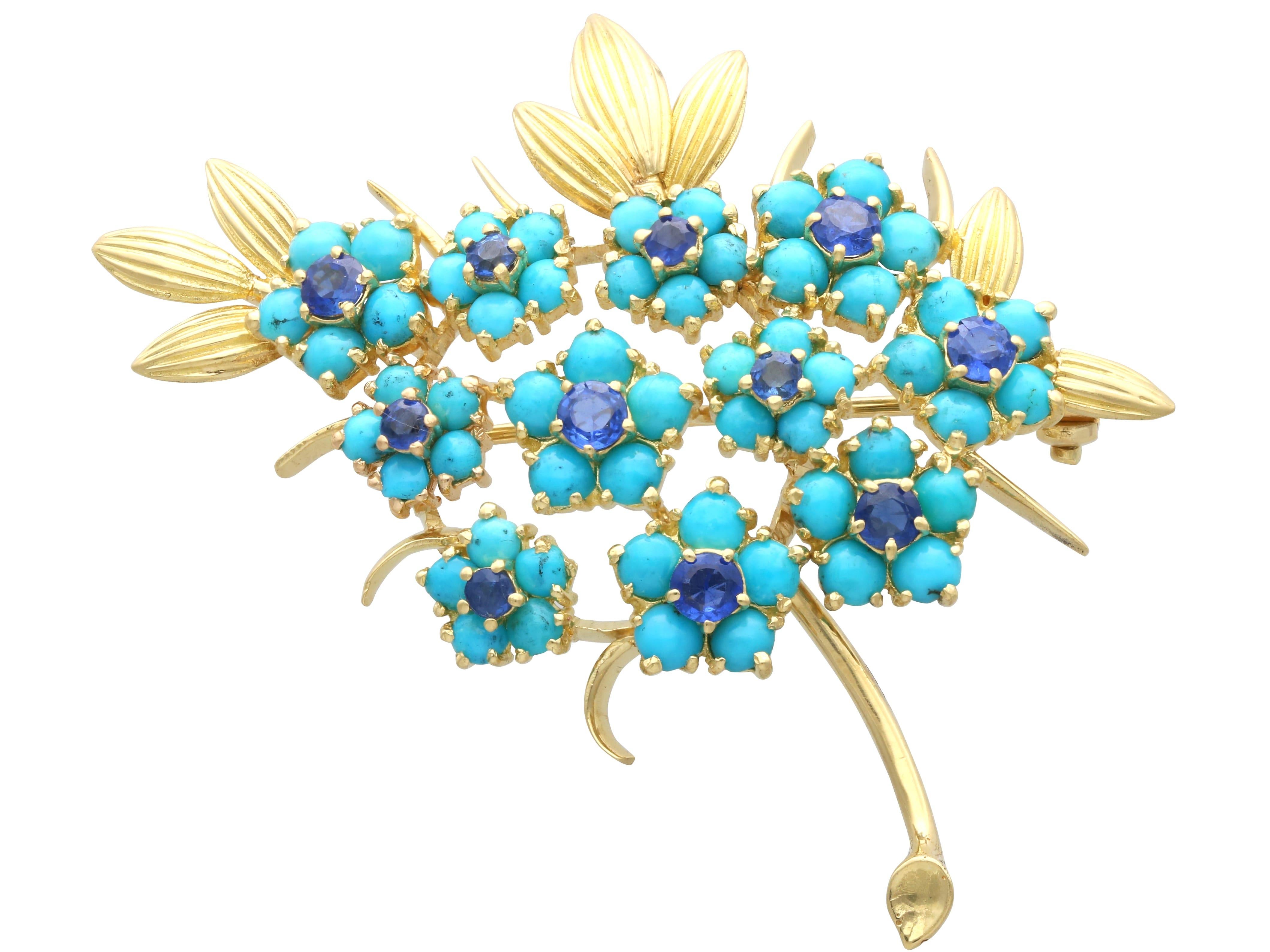 0.85 Carat Sapphire 3.32 Carat Turquoise 18k Yellow Gold Brooch Circa 1955