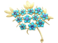 0.85 Carat Sapphire 3.32 Carat Turquoise 18k Yellow Gold Brooch Circa 1955