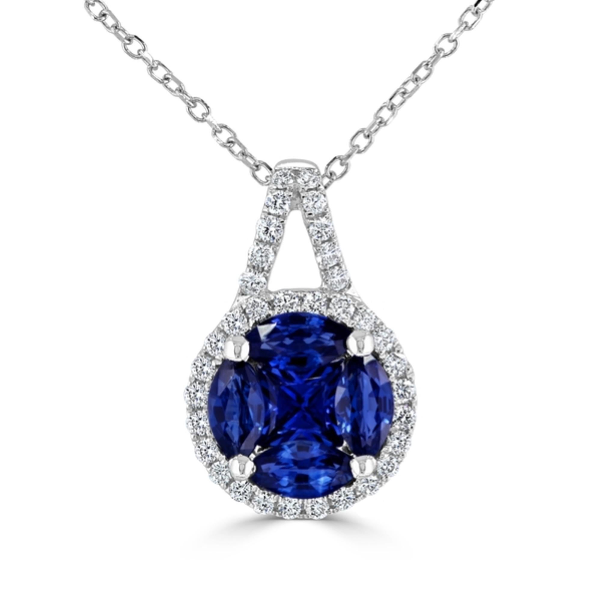 0.85 Carat Sapphire Round Cluster Pendentif avec 0.19 Ct Diamond Halo ref347 en vente 1