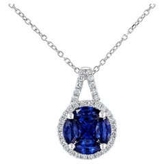 0.85 Carat Sapphire Round Cluster Pendant with 0.19 Ct Diamond Halo ref347
