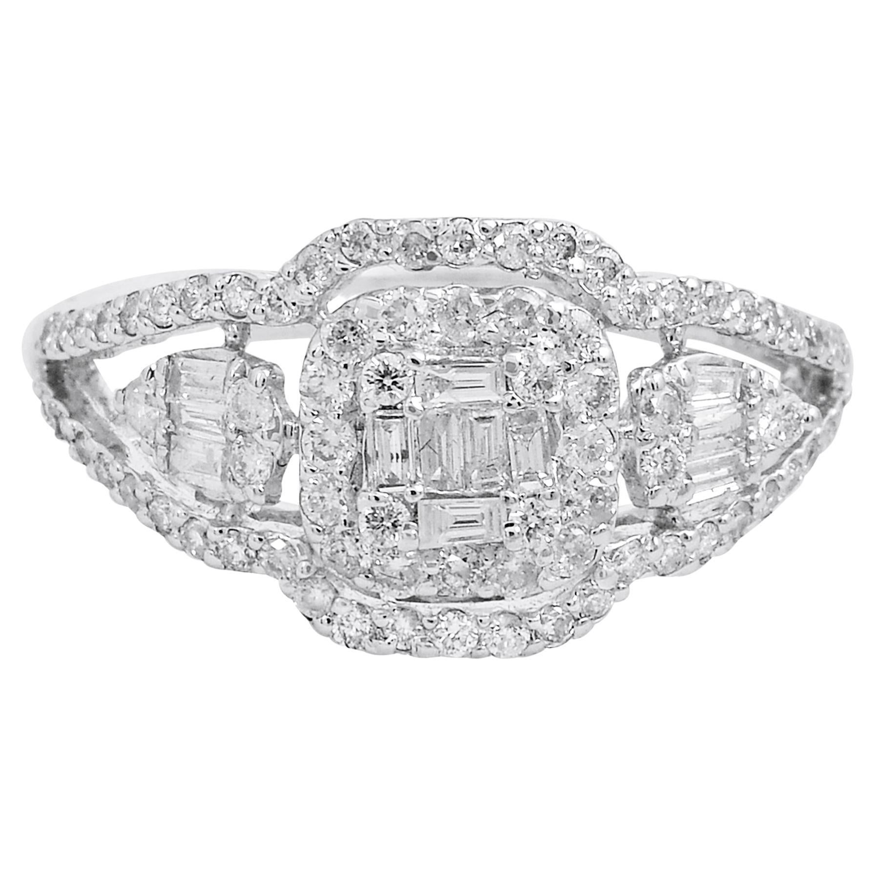 For Sale:  0.85 Carat SI Clarity HI Color Baguette Diamond Ring 18 Karat White Gold Jewelry