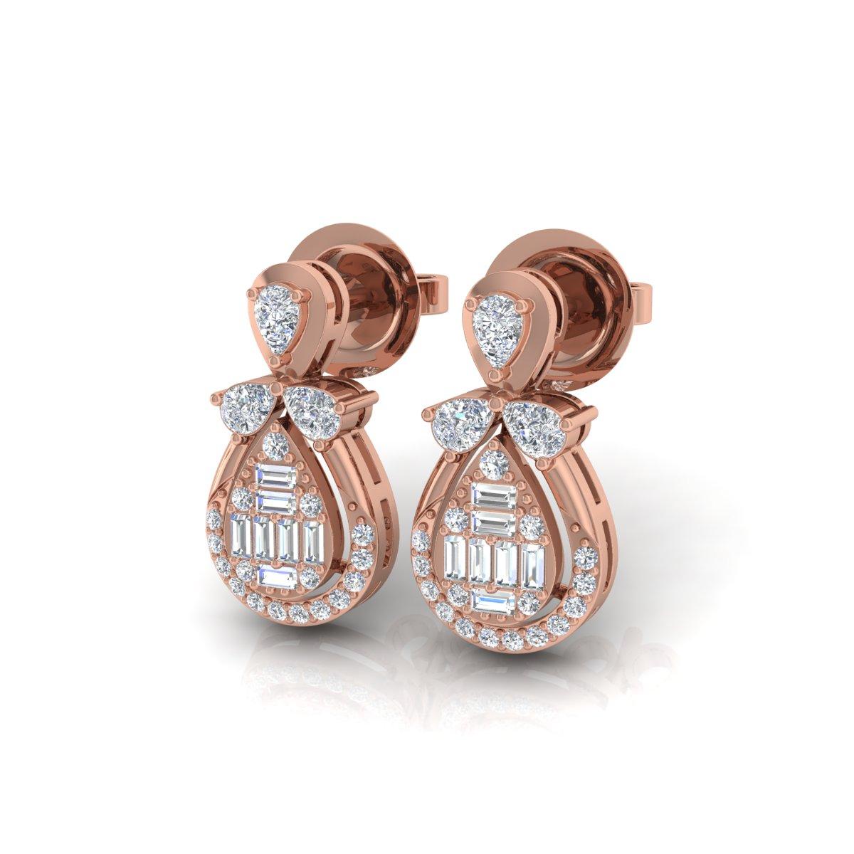 Baguette Cut 0.85 Carat SI Clarity HI Color Diamond Stud Earrings 14k Rose Gold Fine Jewelry For Sale