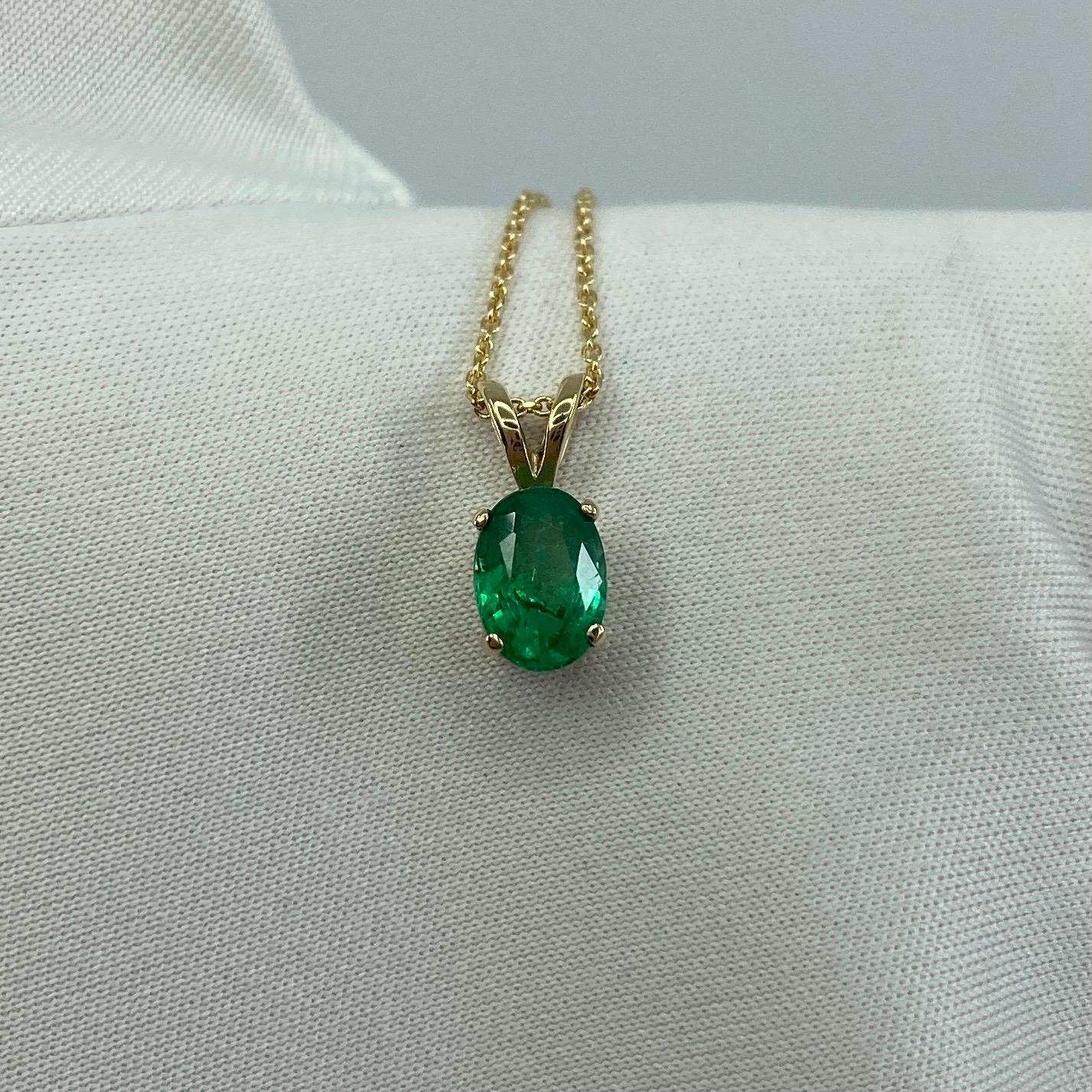 0.85 Carat Vivid Green Emerald Oval Cut Yellow Gold Solitaire Pendant Necklace 6