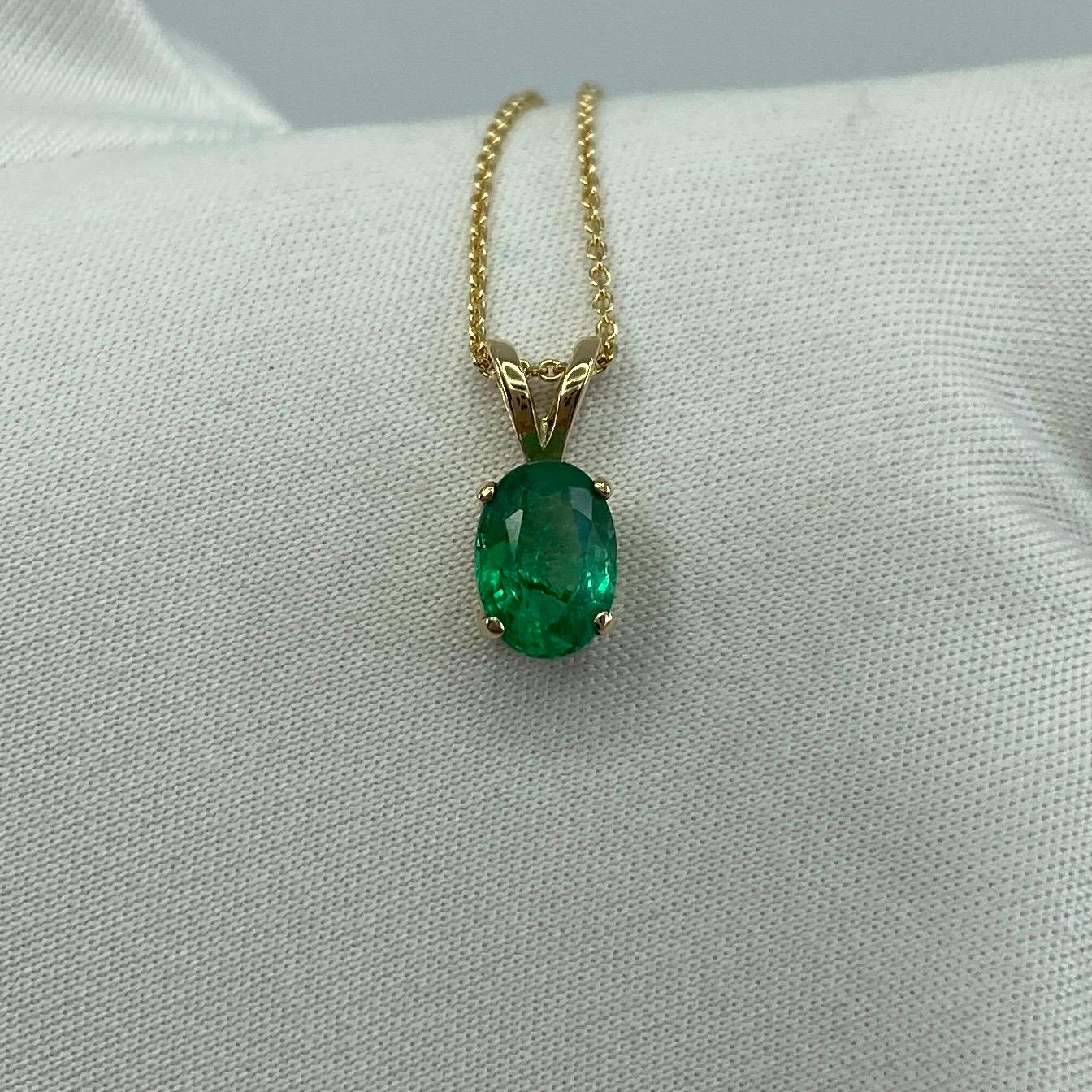 0.85 Carat Vivid Green Emerald Oval Cut Yellow Gold Solitaire Pendant Necklace 7