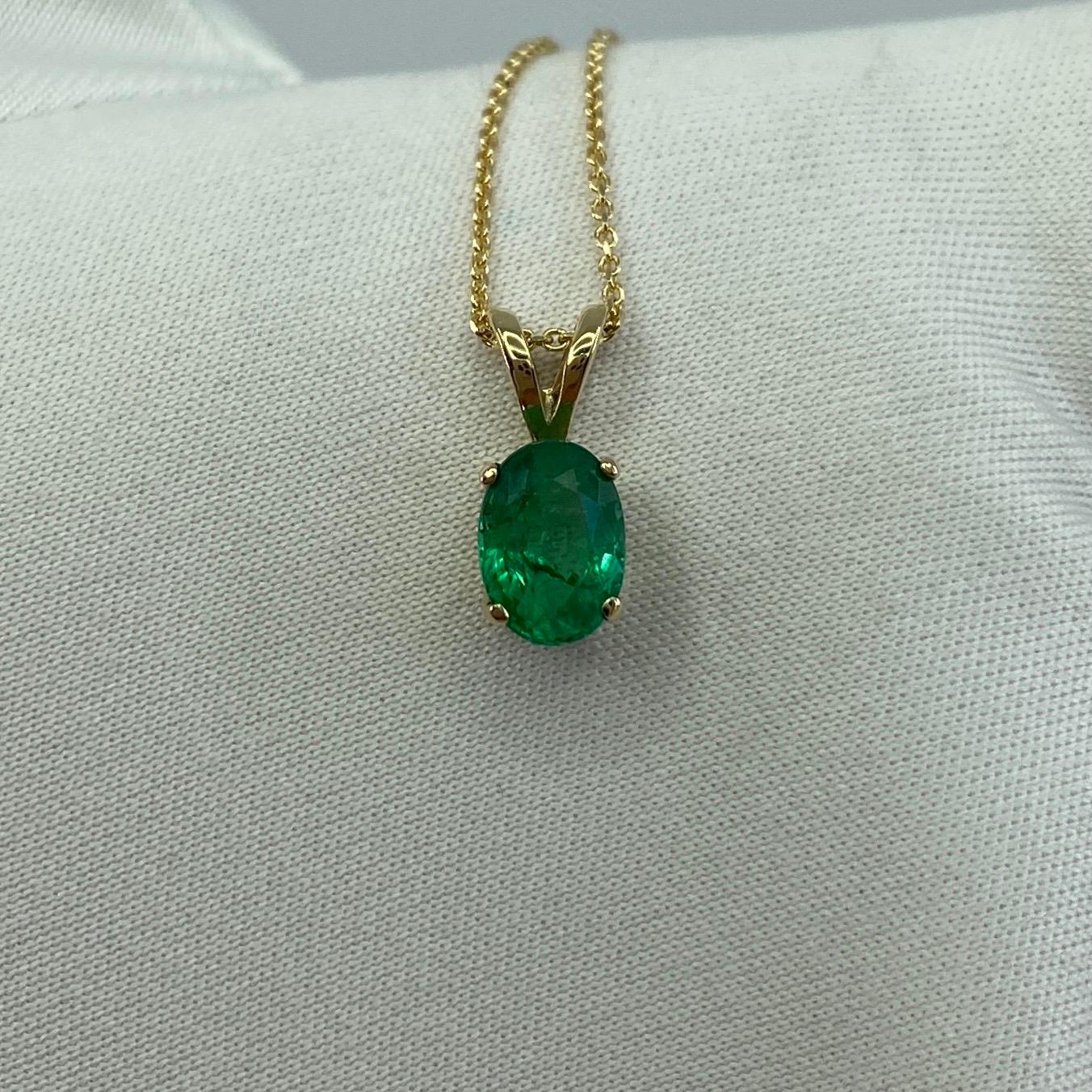 0.85 Carat Vivid Green Emerald Oval Cut Yellow Gold Solitaire Pendant Necklace 8
