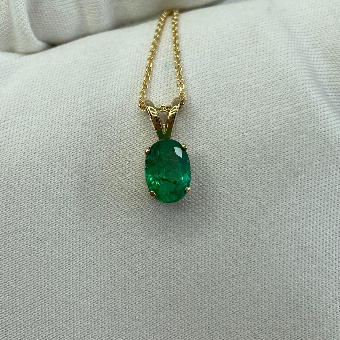 0.85 Carat Vivid Green Emerald Oval Cut Yellow Gold Solitaire Pendant Necklace 1